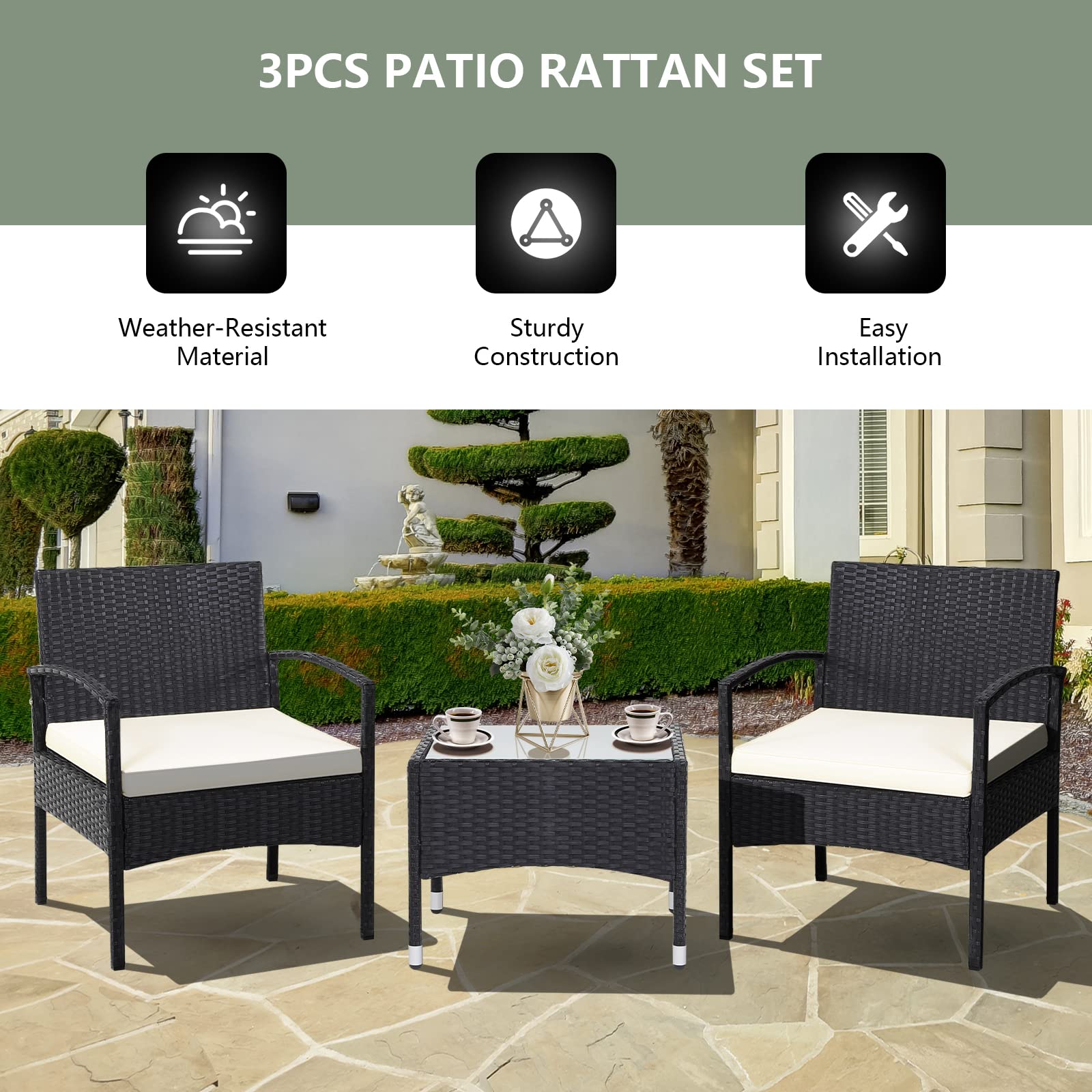 RELAX4LIFE 3-Piece Outdoor Patio Furniture Set - Beige Rattan Wicker Bistro Set with 2 Chairs & Glass Coffee Table, Durable Steel Frame for Garden, Balcony, Porch | Perfect for Backyard Relaxation & Entertaining Guests