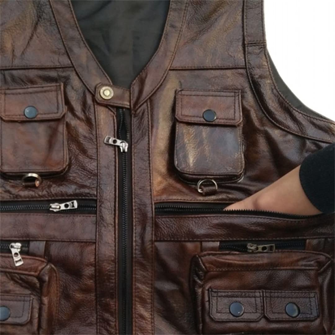 Men's Multi-Pocket Leather Vest - Thick Motorcycle Waistcoat with Zipper, Sleeveless Jacket for Bikers & Outdoor Enthusiasts | Perfect for Riding, Travel & Casual Wear