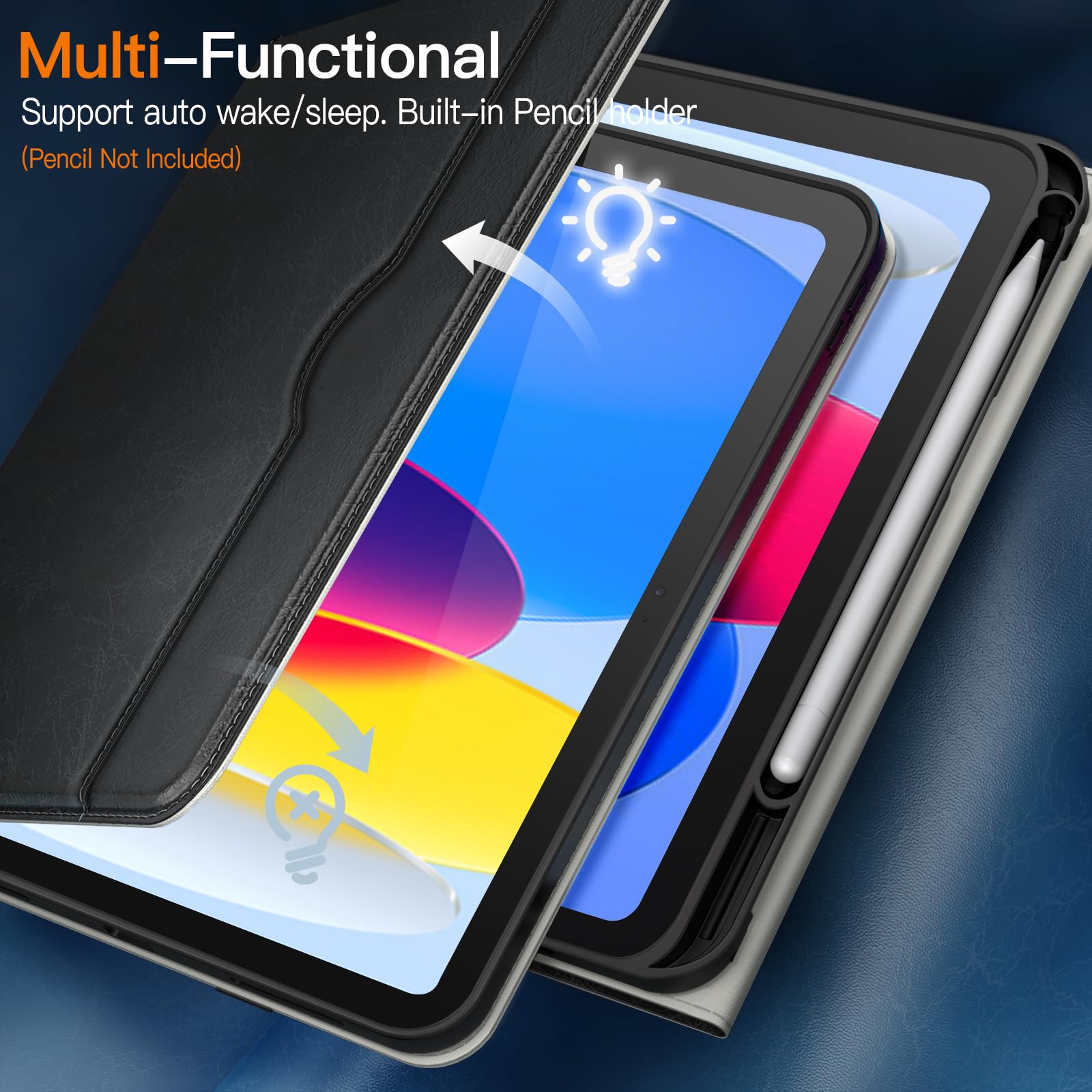 JETech PU Leather Business Folio Case for iPad 11th/10th Gen (2025/2022 Model A16) - Protective Tablet Cover with Apple Pencil Holder, Card Pocket & Multi-Angle Stand (Black) | Perfect for Office, Travel & School Use