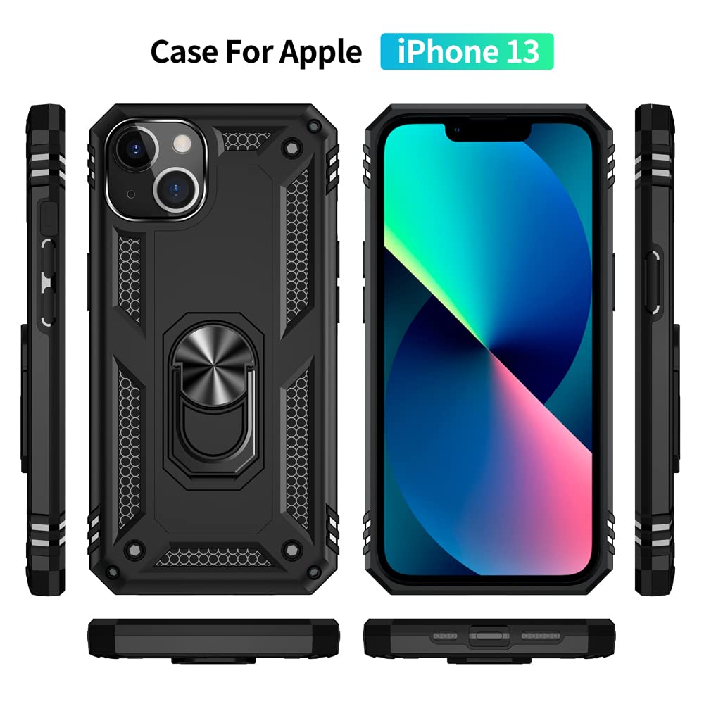 Yiakeng Military Grade Protective Case with Ring & HD Screen Protector for iPhone 13 - Shockproof, Drop Protection | Perfect for Outdoor Activities, Travel & Daily Use (Black)