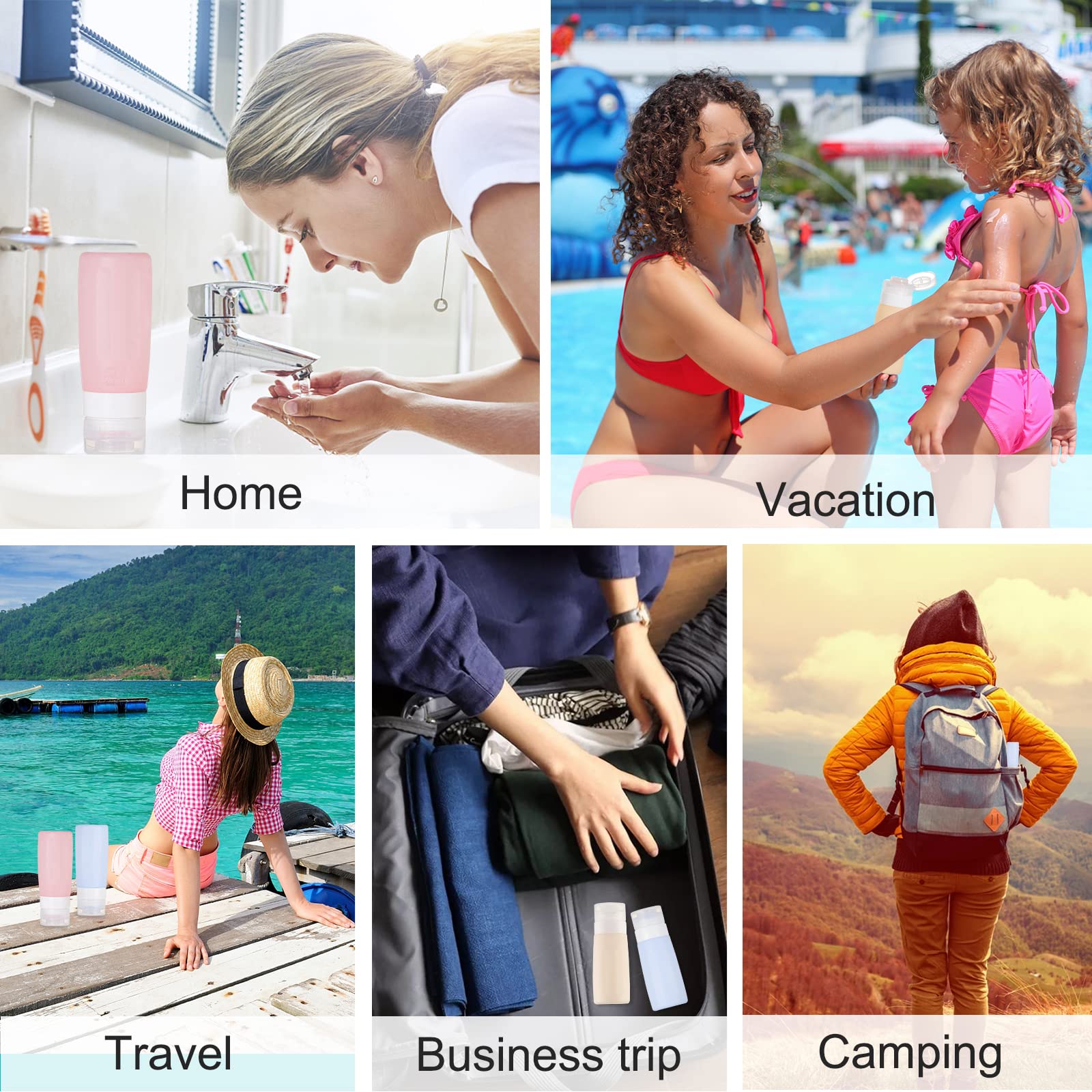 2.9oz TSA Approved Silicone Travel Bottles - Leak Proof Refillable Toiletry Containers with Labels for Shampoo, Conditioner & Cosmetics (Peach, Purple, Green, Gray) - Perfect for Air Travel, Gym, Camping & Vacation Essentials