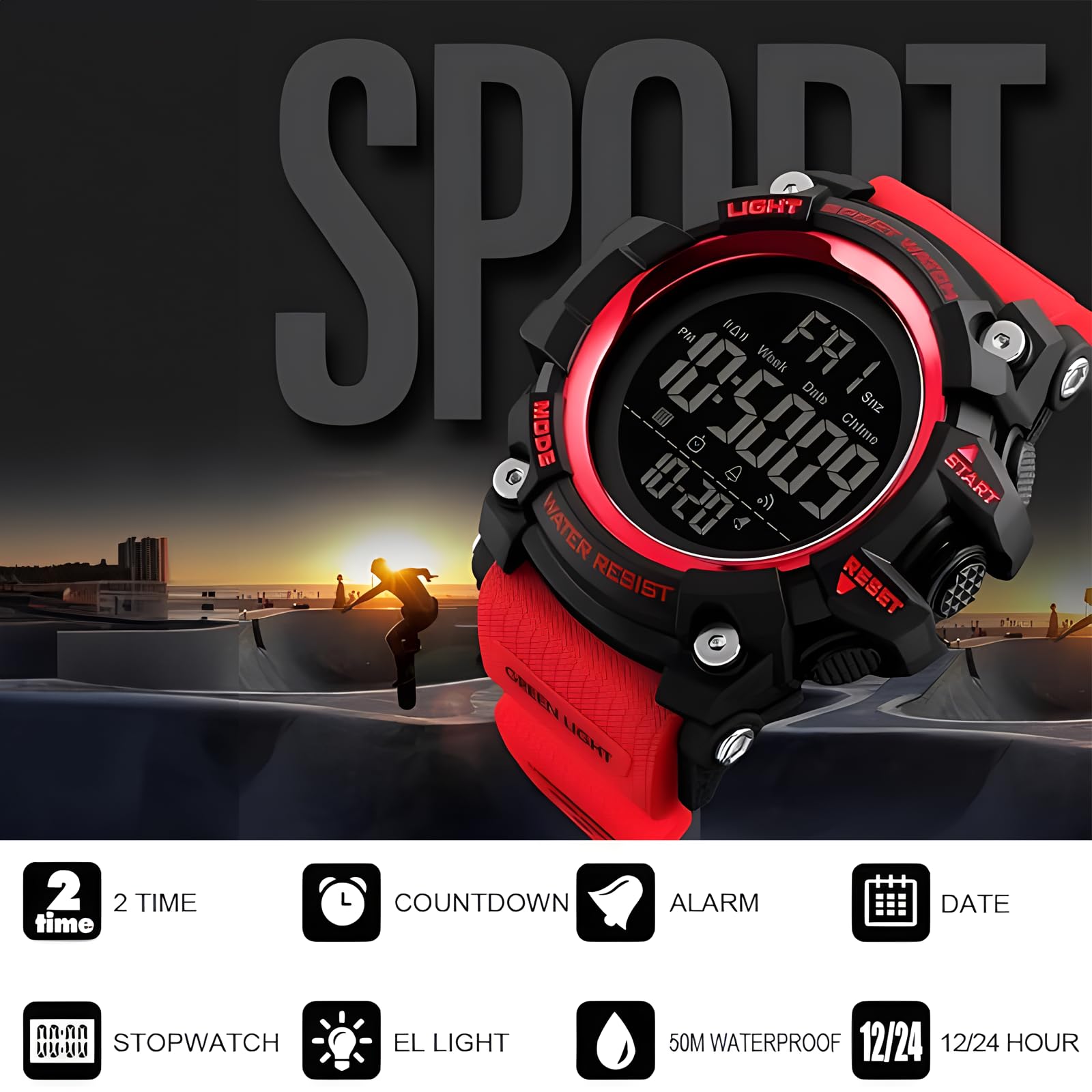 Gosasa Men's Sports Watch - Waterproof Digital LED Stopwatch with Countdown, 12/24 Hour Display, Multifunctional Wristwatch for Running, Gym, Outdoor Activities & Daily Use