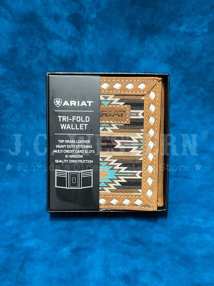 Ariat A3559202 Men's Southwestern Diamond Lacing Trifold Leather Wallet - Brown Cowhide Bifold Wallet for Men - Perfect for Everyday Carry, Travel & Western Style Fashion