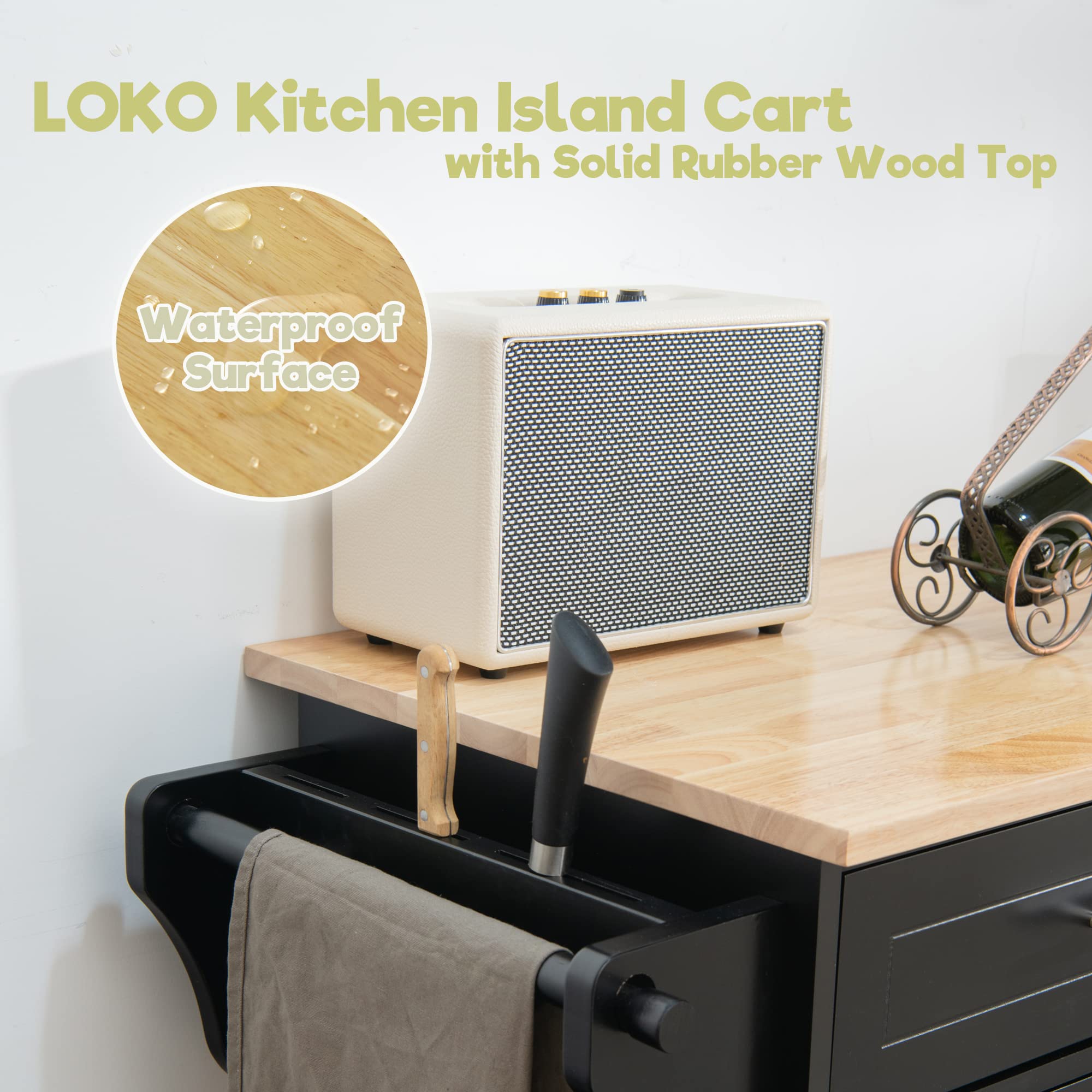 LOKO Large Kitchen Island with Storage - Portable Rolling Kitchen Cart with Rubber Wood Countertop, Adjustable Shelves & Universal Casters - 49 x 18.11 x 36.61 Inches - Perfect for Small Kitchens, Food Prep, and Extra Counter Space