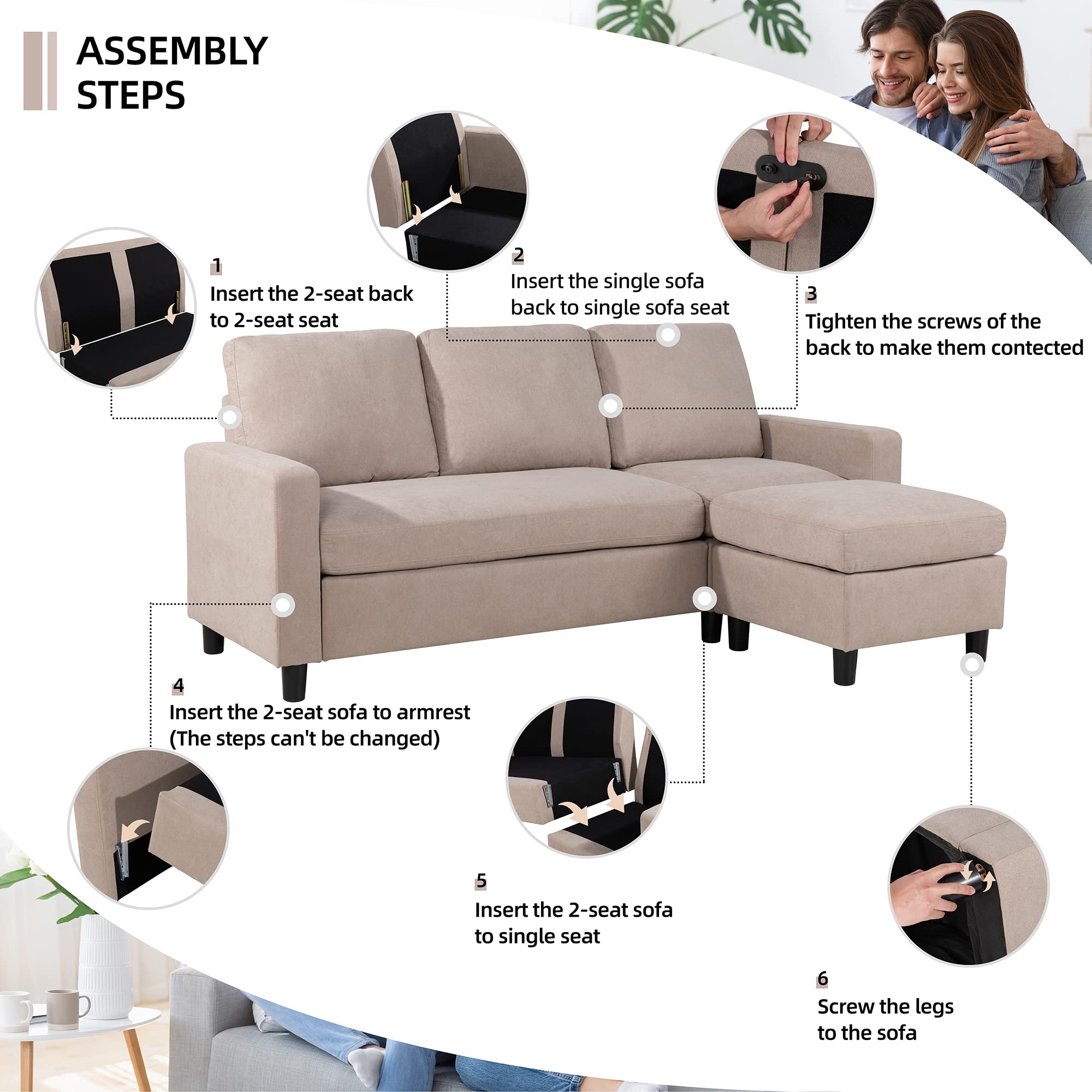 Convertible L-Shaped Sectional Sofa with Storage Ottoman - 3-Seat Modern Linen Reversible Chaise Lounge for Small Spaces (Beige) | Perfect for Apartments, Living Rooms & Home Theater Seating
