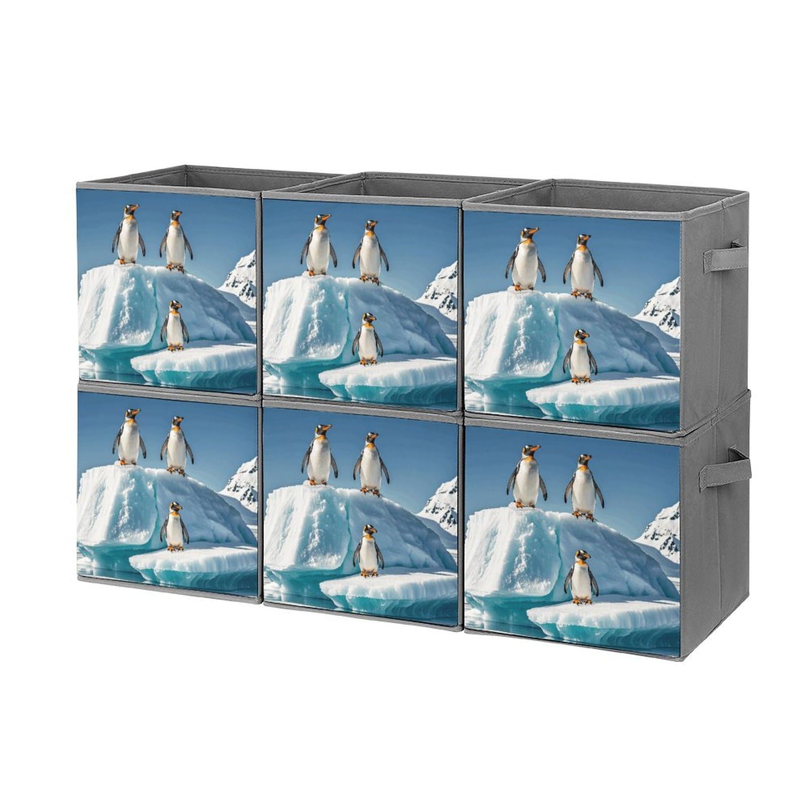 6PCS Collapsible Storage Bins with Handles - Penguin on Iceberg Printed Foldable Organizing Boxes for Home, Kitchen, Bathroom & Office - Space Saving Storage Containers for Shelves, Closet & Pantry Organization