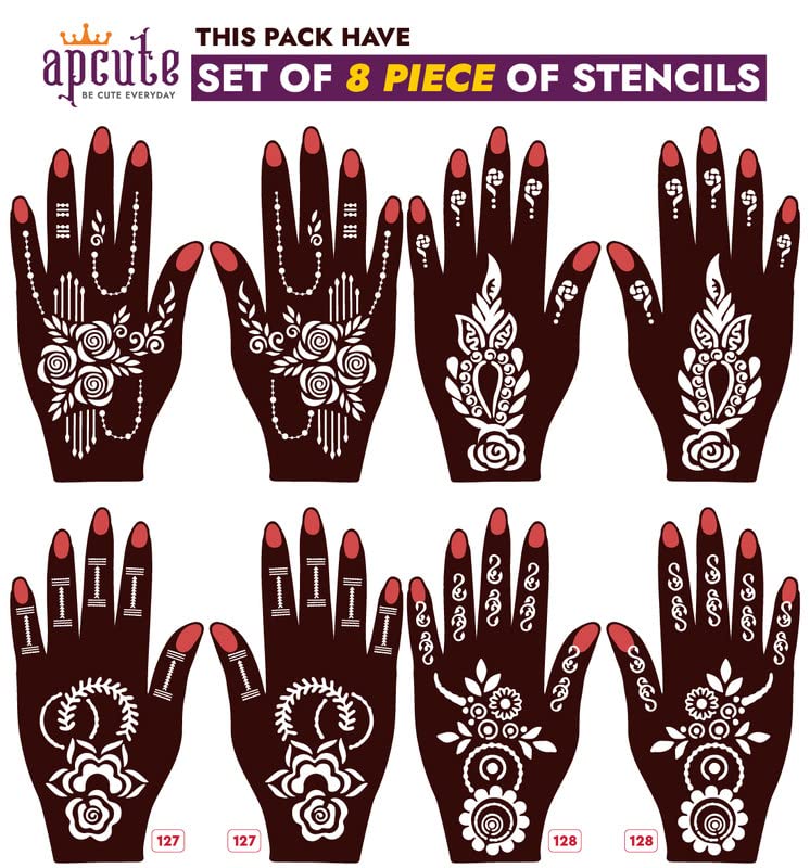 APcute Henna Tattoo Stencils for Girls, Women & Kids - Easy to Use Mehndi Stickers Set of 8 Pieces (Design No. 27, 28, 127, 128) - Perfect for Weddings, Festivals & DIY Body Art