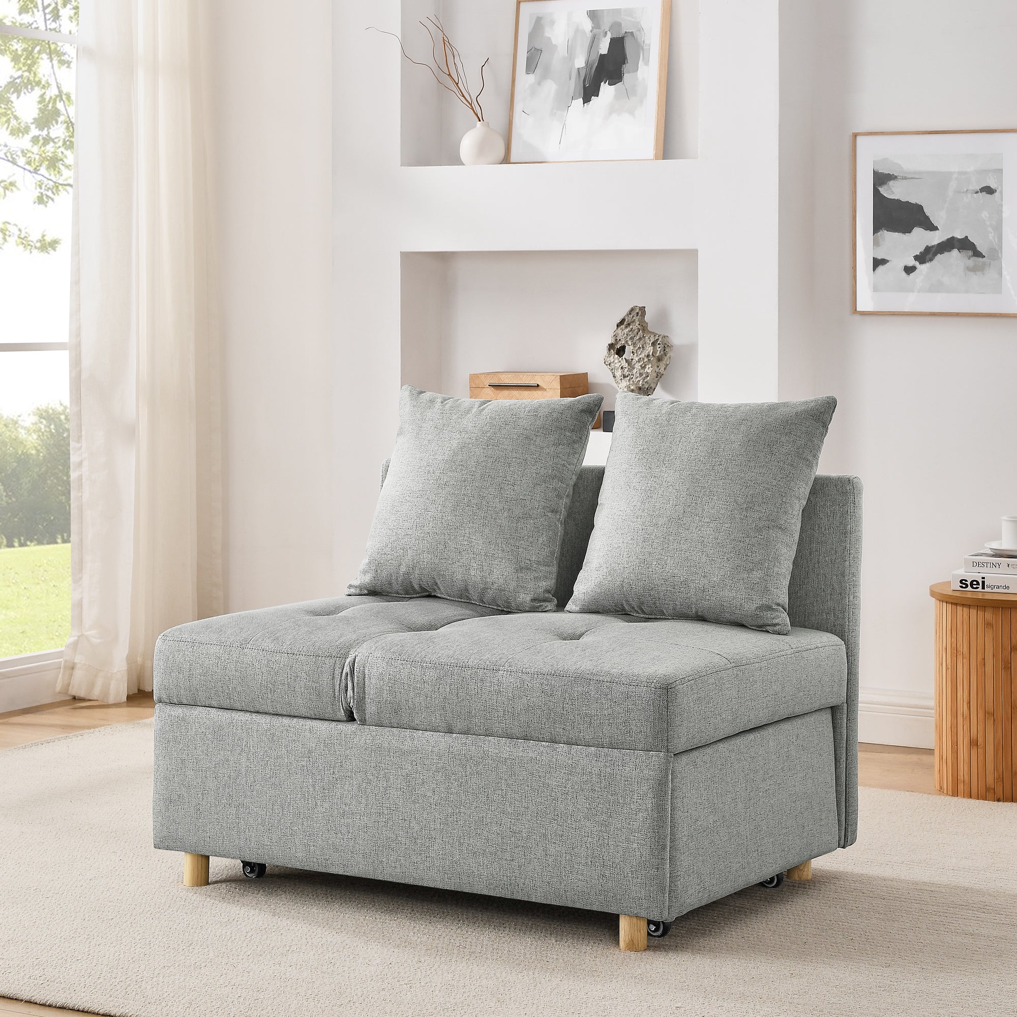 Convertible Sleeper Sofa Chair with Adjustable Backrest & Recliner - Pullout Sofa Bed with Wheels for Small Spaces - Modern Linen Fabric Living Room Furniture (Grey) - Perfect for Apartments, Dorms & Guest Rooms