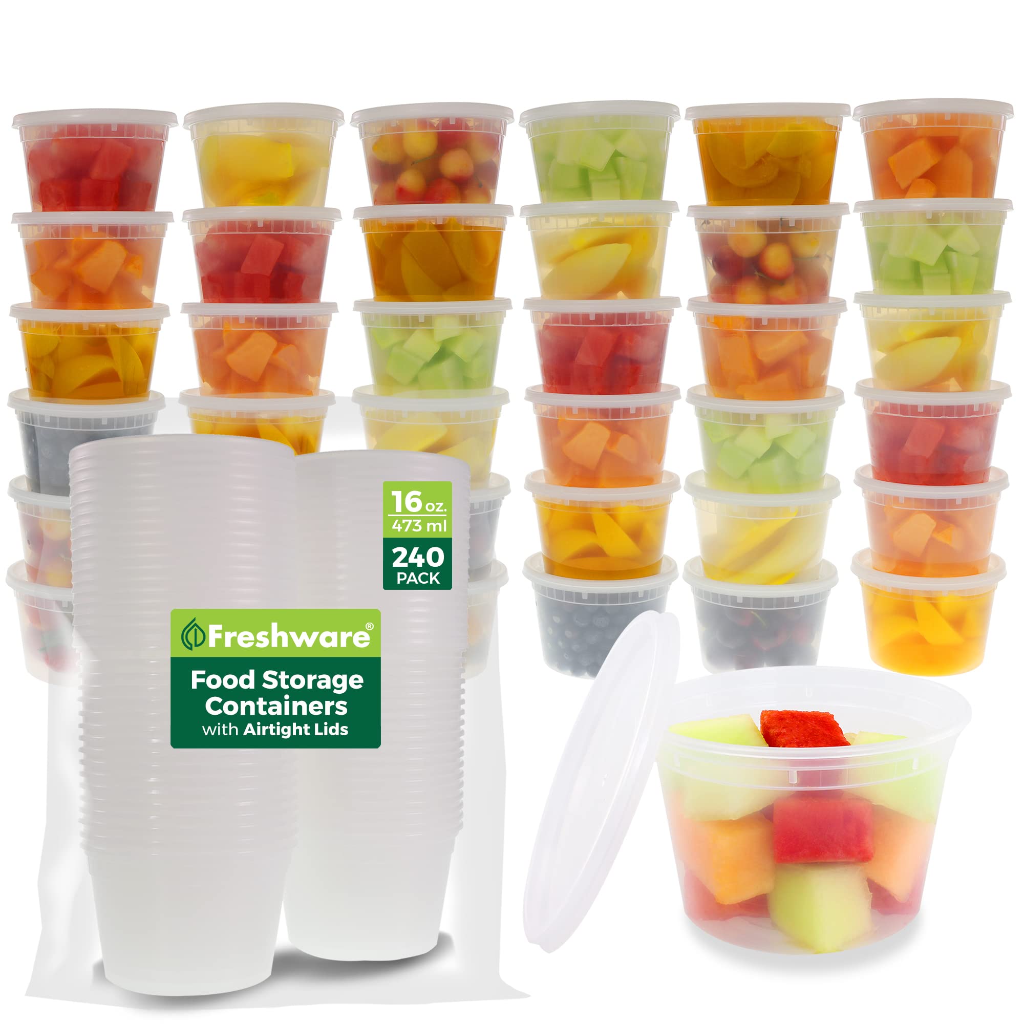 Freshware 240-Pack 16 oz BPA-Free Plastic Food Storage Containers with Lids - Freezer Safe, Leakproof, Stackable for Meal Prep, Leftovers & Kitchen Organization | Clear Containers for Refrigerator, Pantry & Office Use