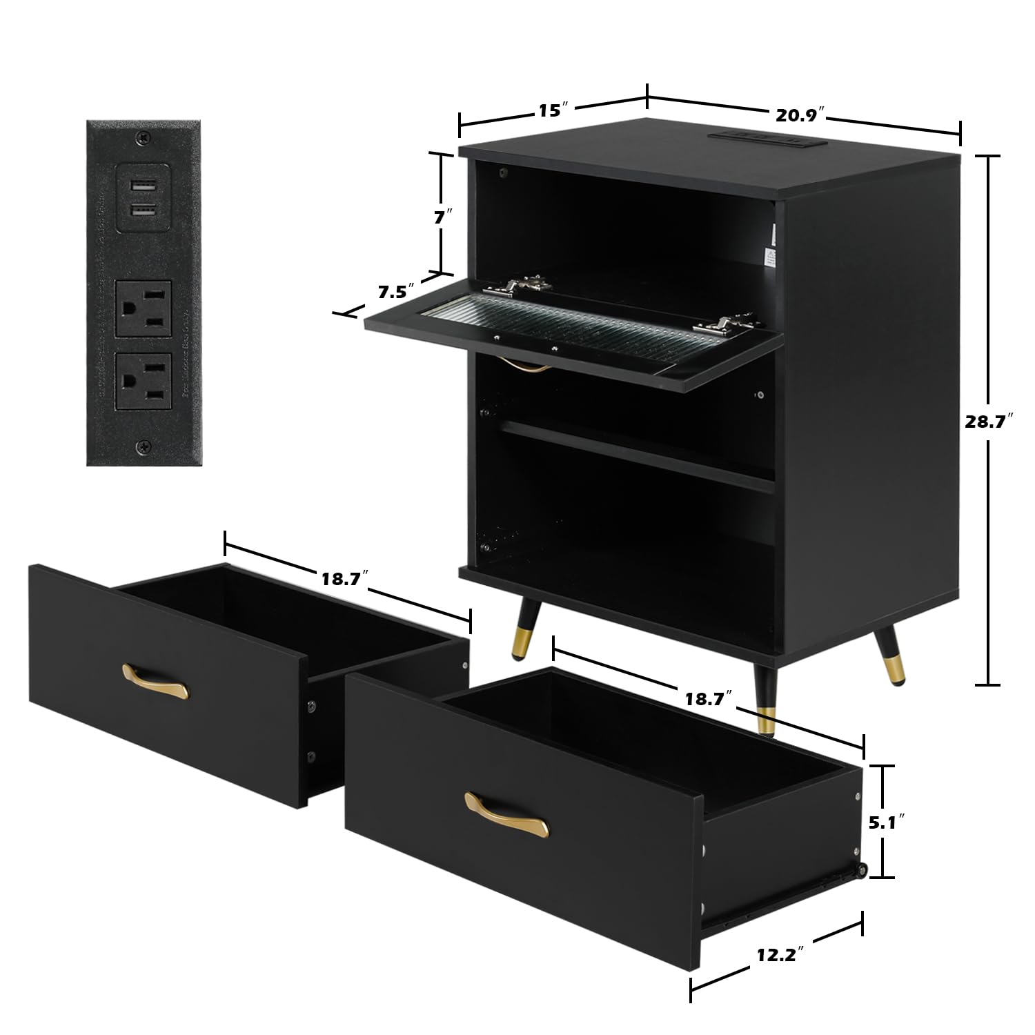 Modern Black 3-Drawer Nightstand with USB Charging Port - Bedside Cabinet Dresser for Bedroom, Living Room & Home Decor - Perfect for Storing Essentials, Charging Devices & Enhancing Bedroom Organization