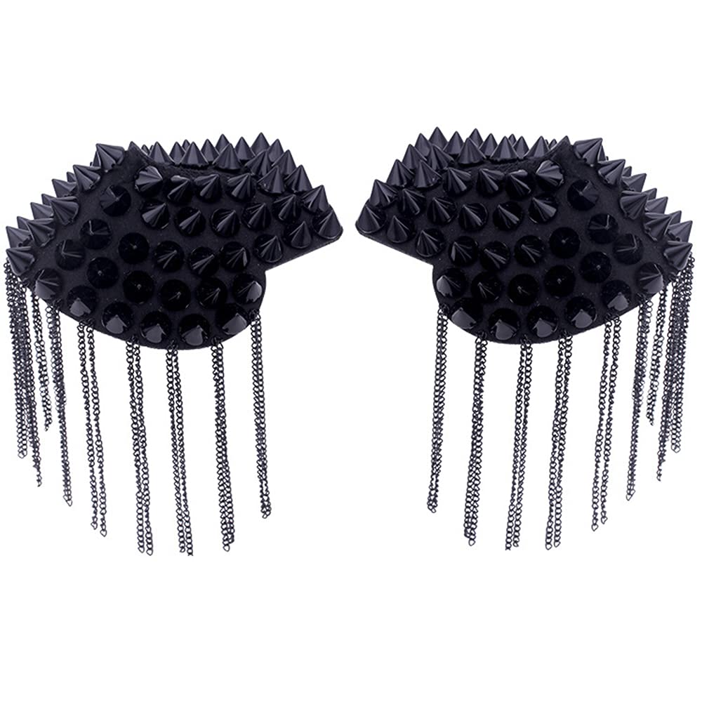 Unisex Shoulder Epaulets with Rivet Tassel Chain - Punk Fringe Epaulet Brooch Badge for Stage Costume & Military Uniform Accessories (Black) - Perfect for Cosplay, Halloween, and Theatrical Performances