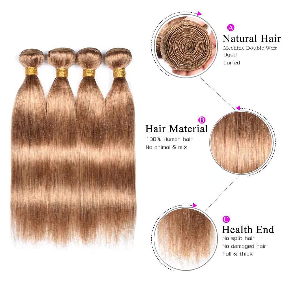 WOME 100% Unprocessed Peruvian Virgin Human Hair Bundles - Silky Straight #27 Honey Blonde (4 Bundles, 16/18/20/22 Inch) | Natural Hair Extensions for Styling & Wefting | Perfect for Daily Wear, Parties & Special Occasions
