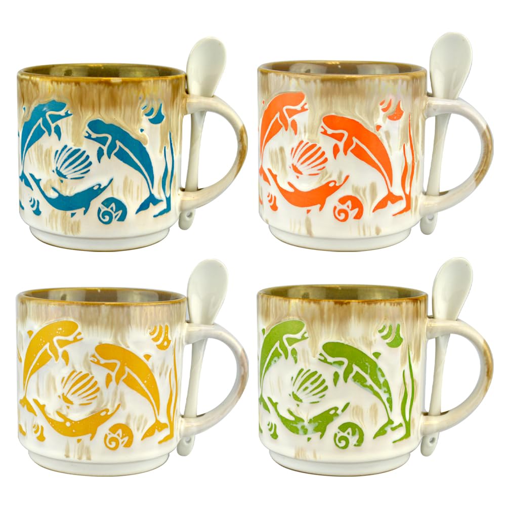 4-Pack Ceramic Espresso Cups Set with Seashell Design - 5oz Small Coffee & Tea Mugs for Home, Kitchen, and Cafe Use - Perfect for Espresso, Cappuccino, and Tea Time