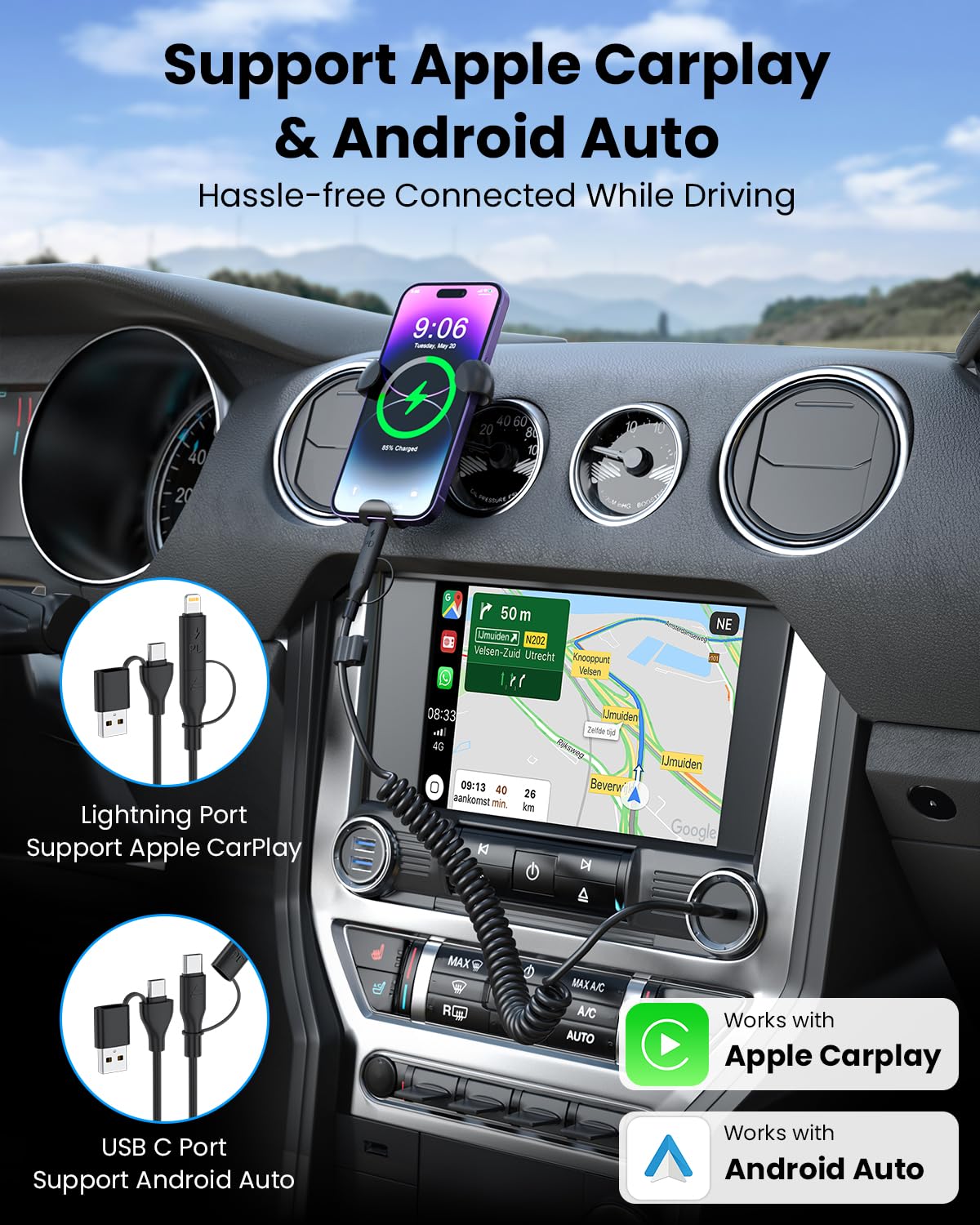 4-in-1 Retractable USB C Car Charger Cable - 4FT 60W Fast Charging & Data Sync - Compatible with iPhone CarPlay & Android Auto - USB/USB-C to USB-C/Lightning for Phones, Tablets - Perfect for Road Trips & Daily Commute
