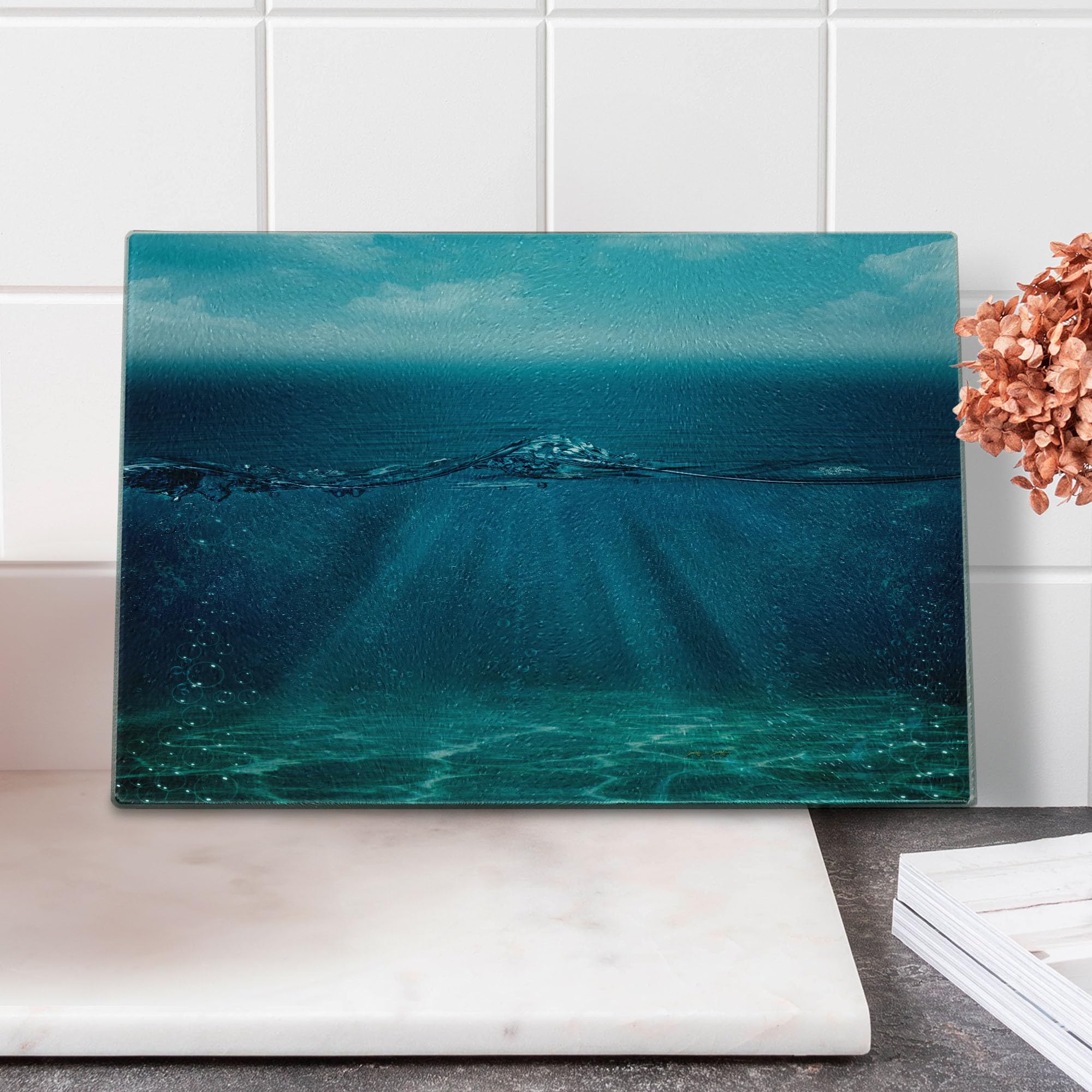 Lunarable Aqua Tempered Glass Cutting Board - Underwater Scene with Sun Rays & Bubbles, Small Turquoise Blue Decorative Serving Board for Kitchen, Charcuterie & Party Platter