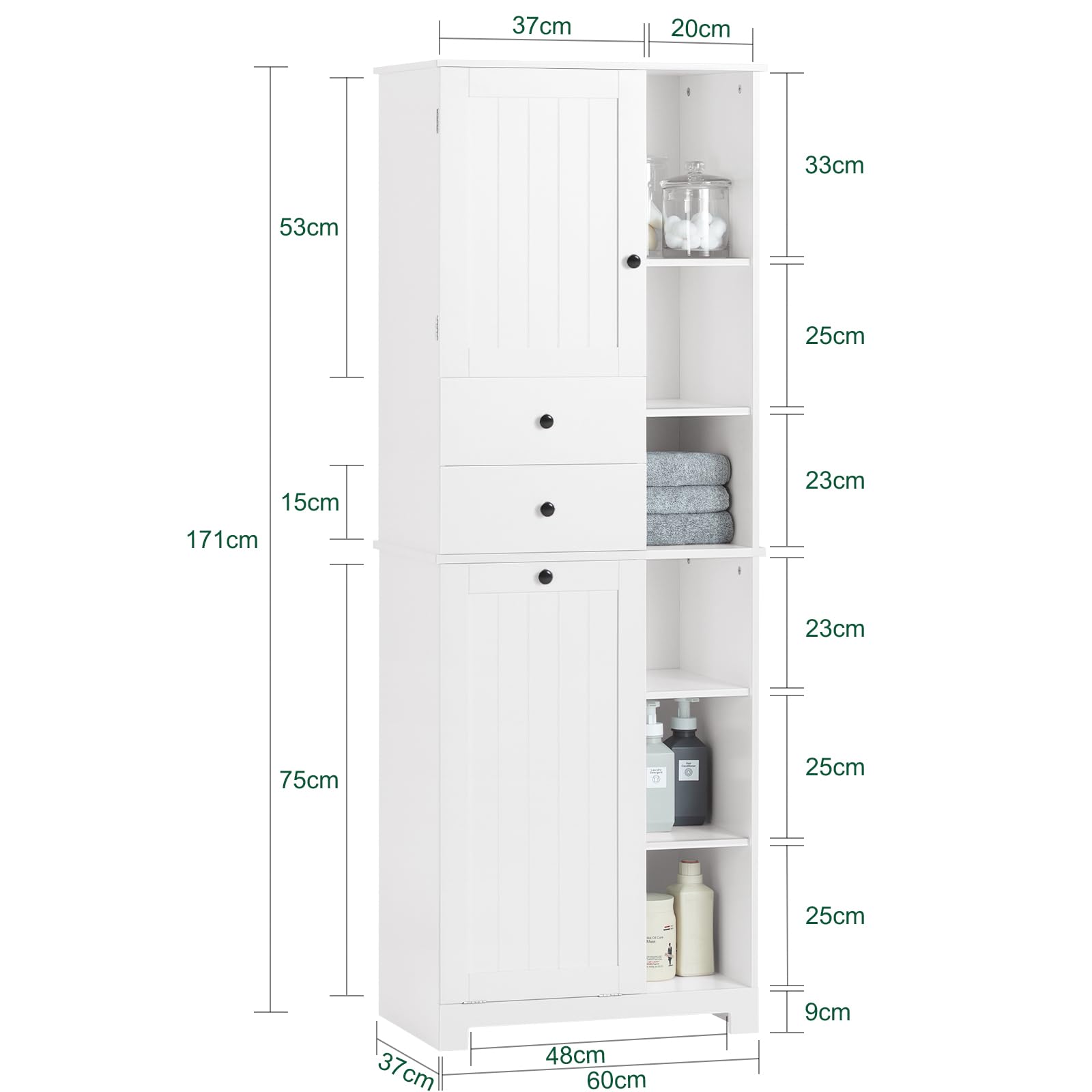 Haotian Tall Laundry Storage Cabinet - Freestanding Organizer with Removable Baskets, Multi-Compartment & Drawers - Perfect for Bathroom, Laundry Room, Closet Organization - White (BZR104-W)