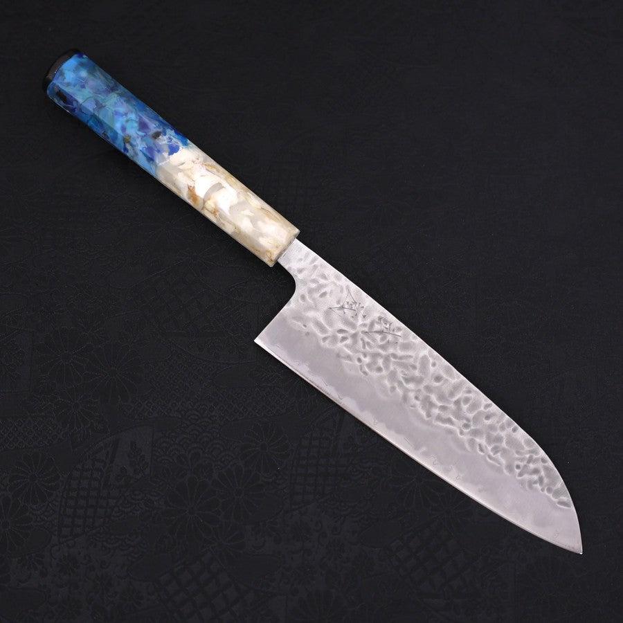 Premium Santoku Knife - White Steel #1 Stainless Clad with Tsuchime Finish & Ocean Blue Handle (165mm) - Perfect for Sushi, Vegetables, and Precision Kitchen Tasks