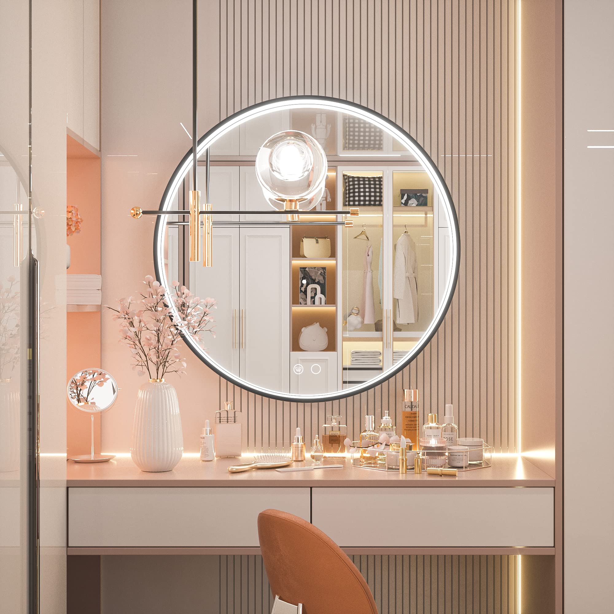 Keonjinn 24 Inch Round LED Bathroom Mirror with Dimmable Frontlit Lights - Black Metal Framed Wall Mirror with Defogging Function - 6000K White Light Vanity Makeup Mirror for Bathroom, Bedroom & Dressing Room