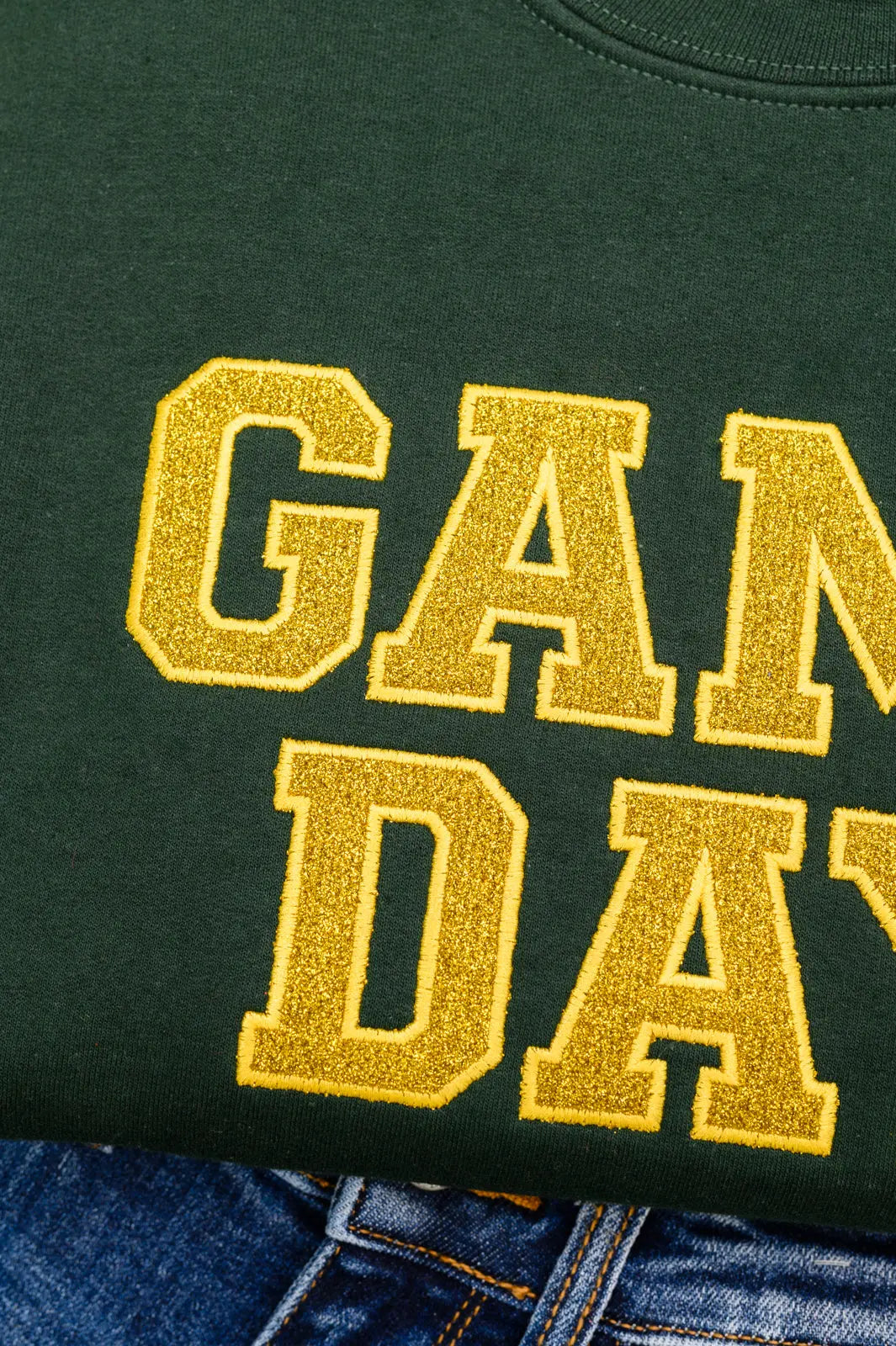 PREORDER: Embroidered Glitter Game Day Sweatshirt - Forest Green & Golden Yellow - Perfect for Football Tailgates, College Parties & Sports Fan Apparel