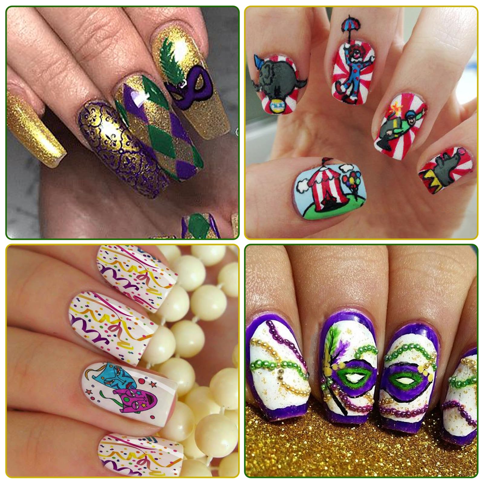 Mardi Gras Carnival Nail Art Stickers - 3D Masks, Beads, Fleur-de-lis, Harlequin & Crowns Self-Adhesive Nail Decals (5 Sheets) | Perfect for Parties, Festivals & Nail Salon Designs
