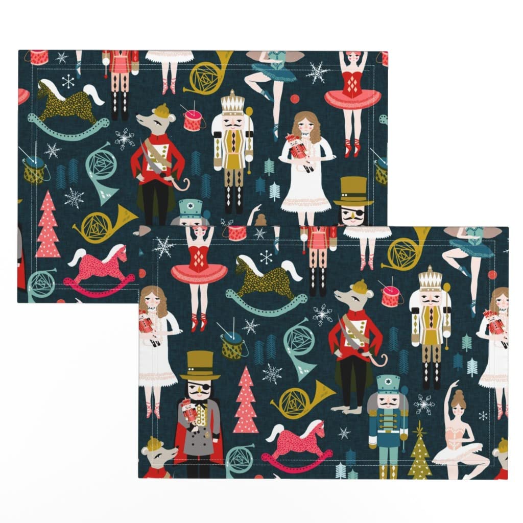 Nutcracker Ballet Holiday Christmas Placemats Set of 2 - Linen Cotton Canvas Table Mats with Winter Ballerina Orchestra Music Print - Perfect for Christmas Dinner, Holiday Decor & Winter Table Setting