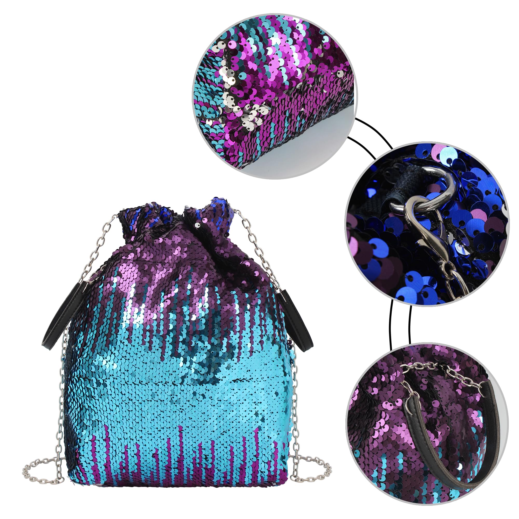 Women's Small Mermaid Sequins Drawstring Bucket Bag with Chain - Crossbody Shoulder Bag & Top Handle Purse for Party, Beach, Travel & Everyday Use