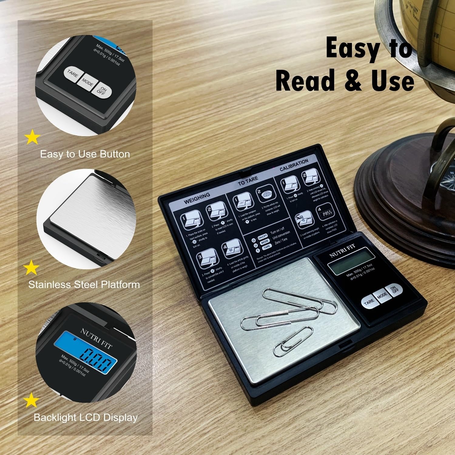 NutriFit Digital Pocket Scale - 500g Capacity, 0.01g Precision for Jewelry, Food, Medicine & Weed | Portable Milligram Scale for Kitchen, Lab, Travel & Home Use