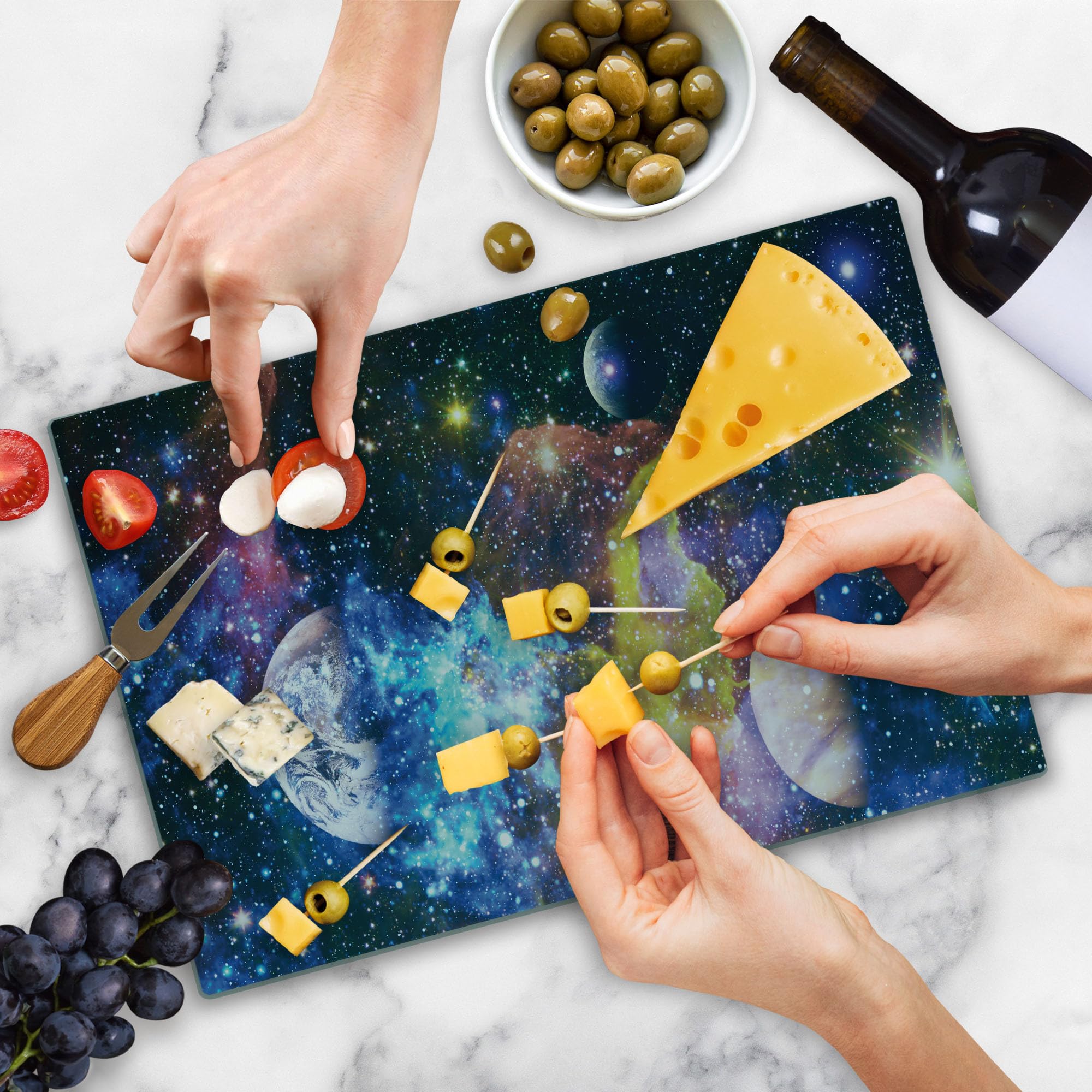 Ambesonne Space Themed Tempered Glass Cutting Board - Futuristic Abstract Stars & Planets Design, Large Decorative Serving Board for Kitchen & Dining - Perfect for Entertaining, Gift Giving & Astronomy Enthusiasts
