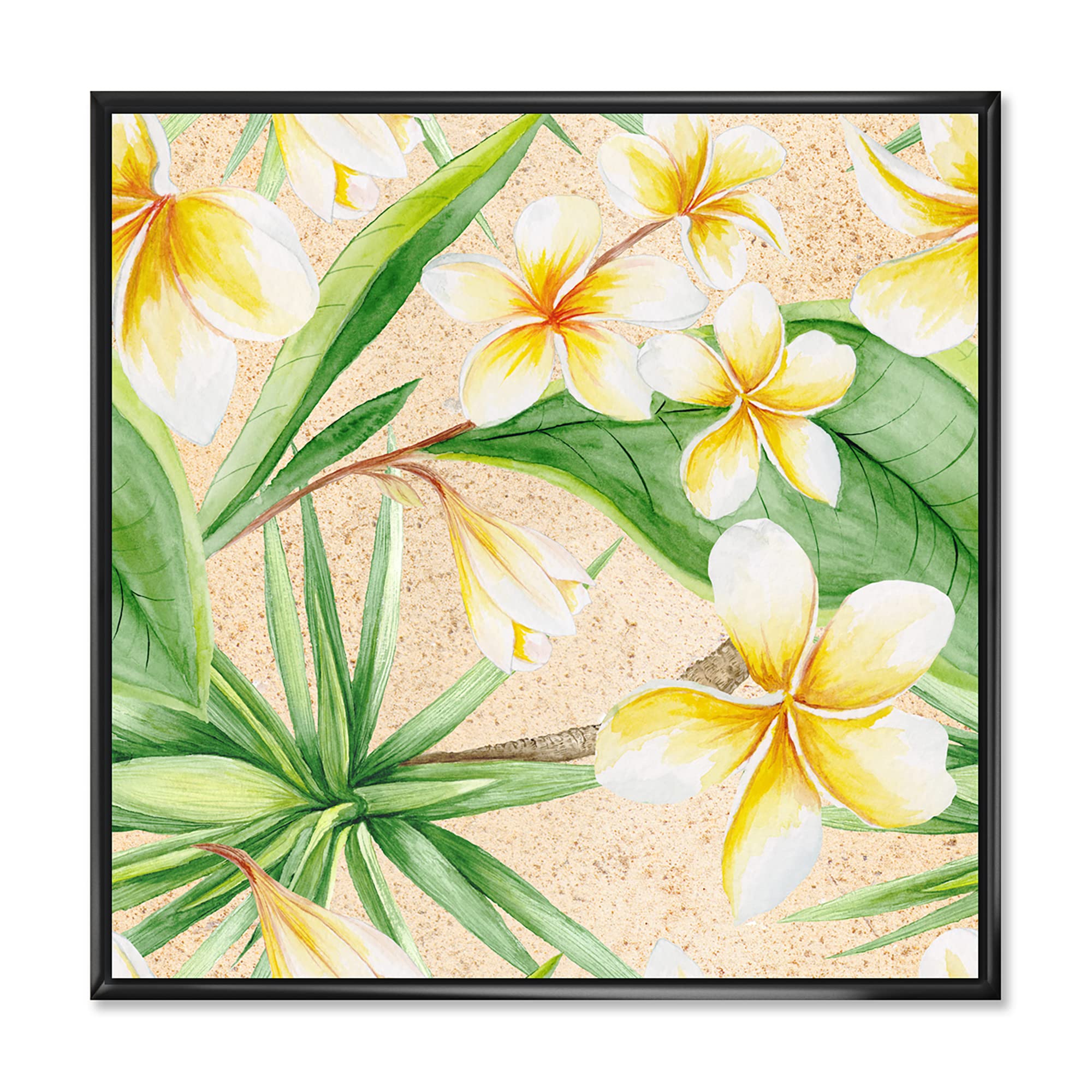 DesignQ Tropical Foliage & Yellow Flowers XI - Framed Canvas Wall Art Print - Perfect for Living Room, Bedroom & Office Decor