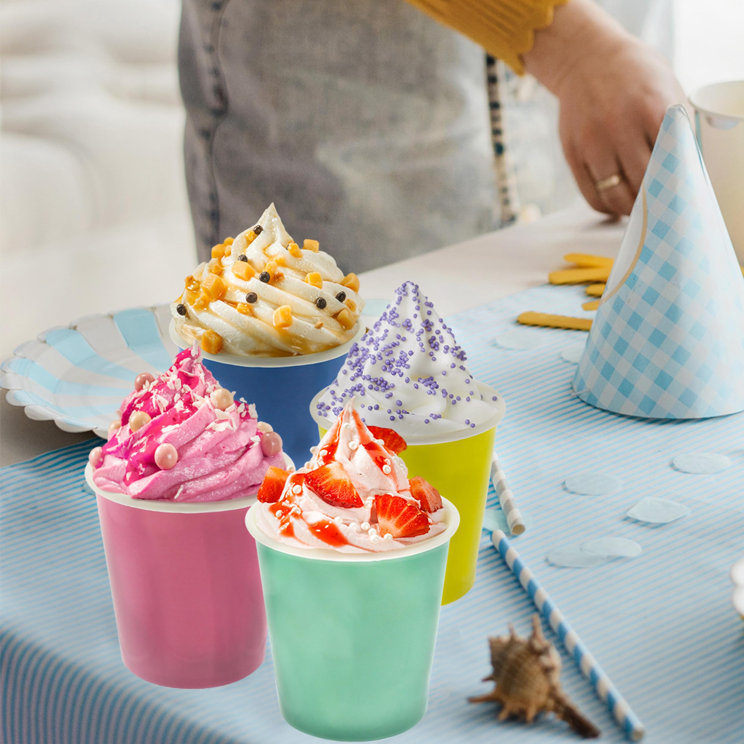 Colorful Disposable Paper Ice Cream Cups with Lids - 40 Pack Eco-Friendly Dessert Bowls for Ice Cream, Soups, Snacks & Party Serving | Perfect for Birthday Parties, Picnics & Catering Events