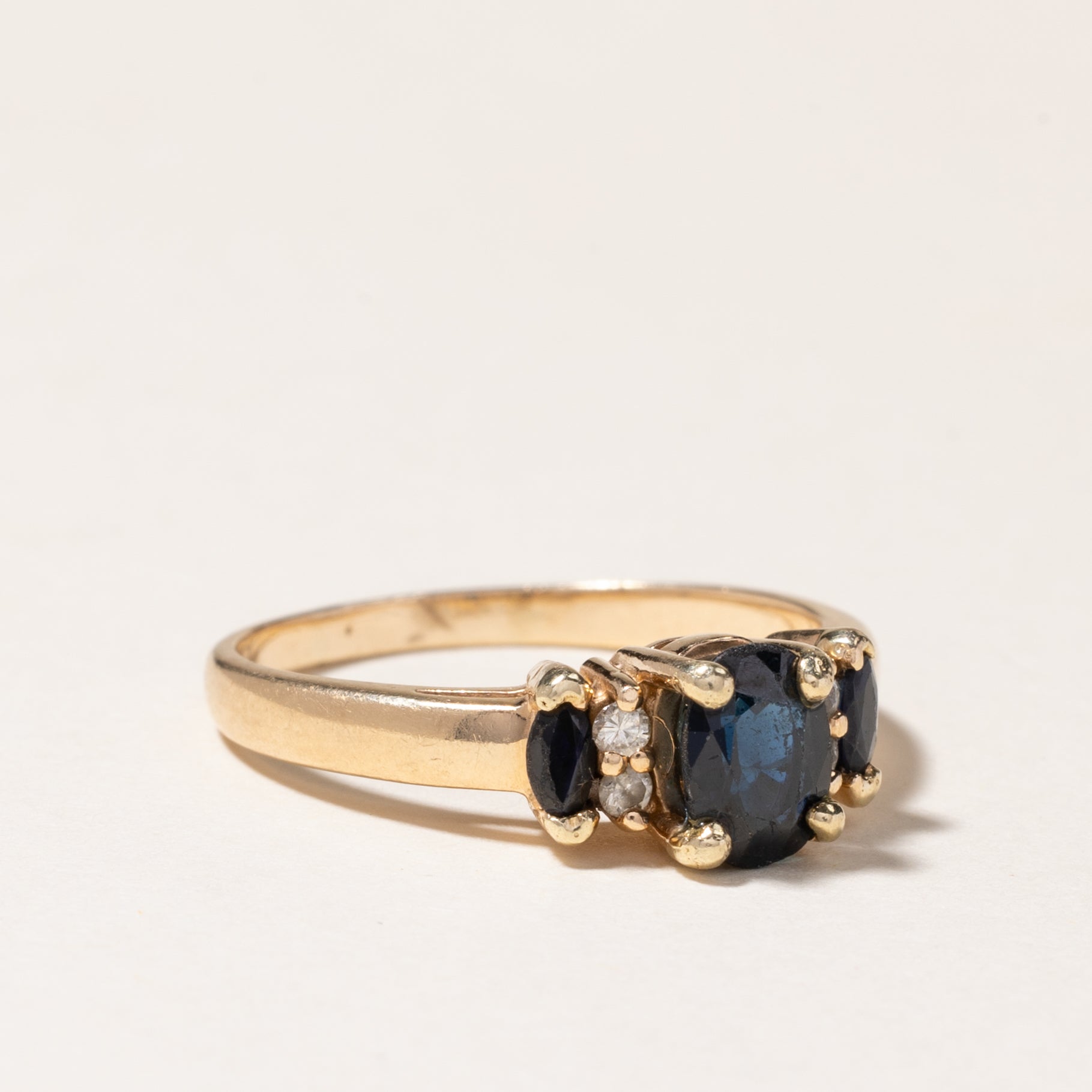 14K Gold Three Stone Sapphire and Diamond Ring - 1.14ctw Sapphire & 0.06ctw Diamonds - Size 8 - Elegant Engagement, Anniversary or Gift Jewelry for Women