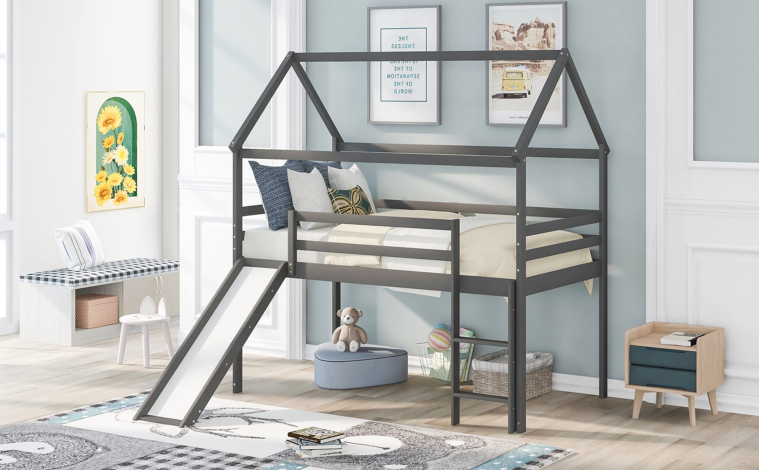 Solid Wood Kids Loft Bed with Slide - Twin Size Wooden House Bed Frame with Roof & Ladder - No Box Spring Needed - Gray - Perfect for Small Bedrooms & Playrooms