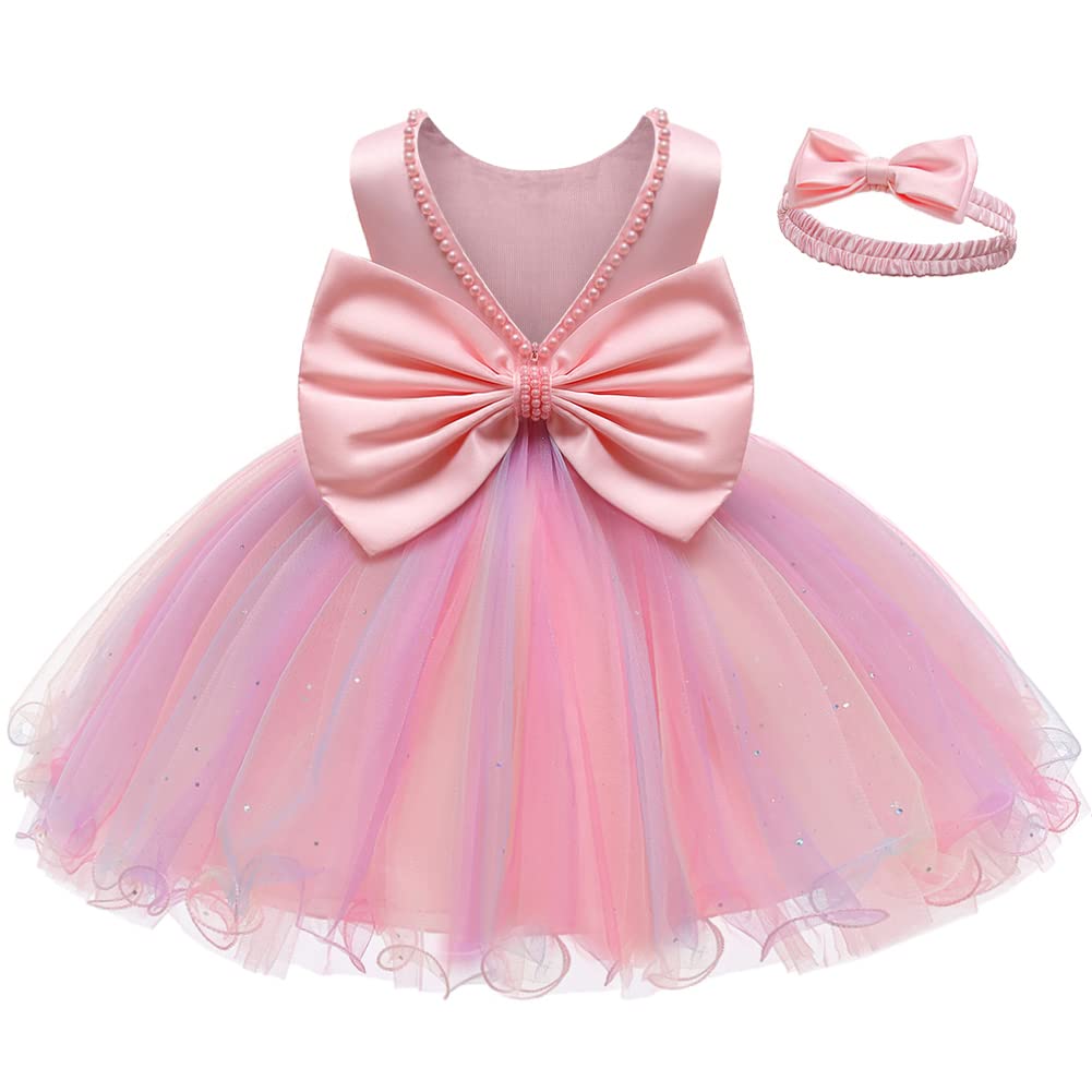 LZH Baby Girls Ruffle Lace Backless Bowknot Dress with Headband - Flower Girl Pageant Party Wedding Outfit for Special Occasions & Photoshoots