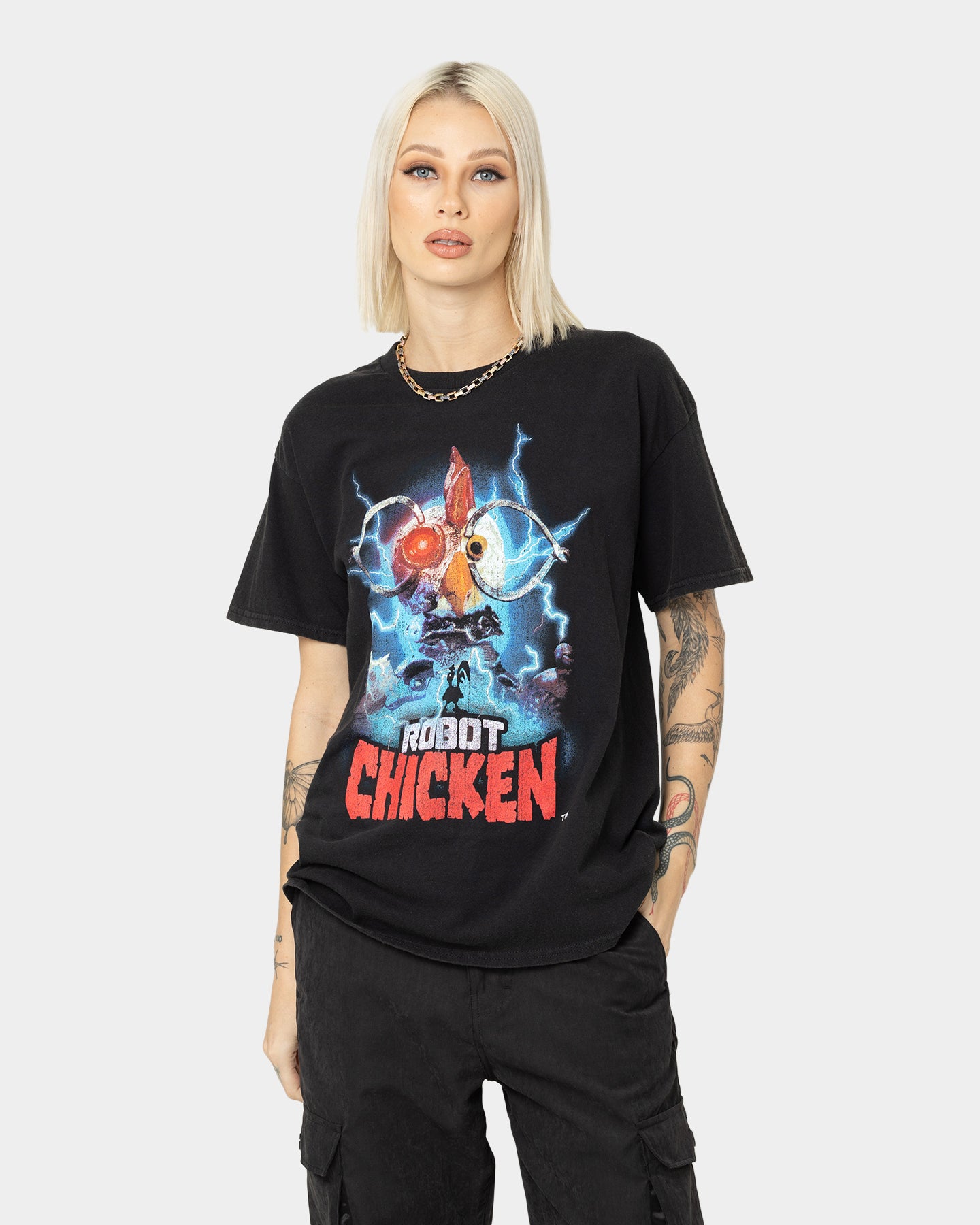 Vintage Robot Chicken Graphic T-Shirt - Black Washed Cotton Tee for Men & Women - Perfect for Casual Wear, Retro Outfits, and Thrift Store Style