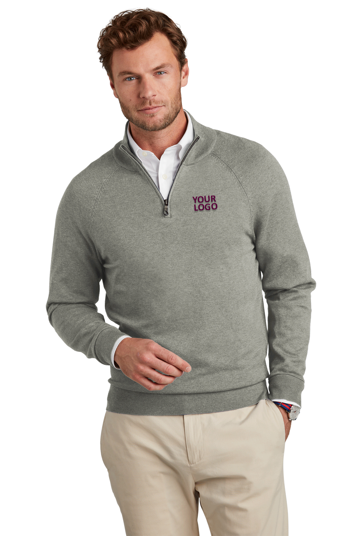 Brooks Brothers Men's Cotton Stretch 1/4 Zip Sweater - Light Shadow Grey Heather | Casual Pullover for Office & Outdoor Activities