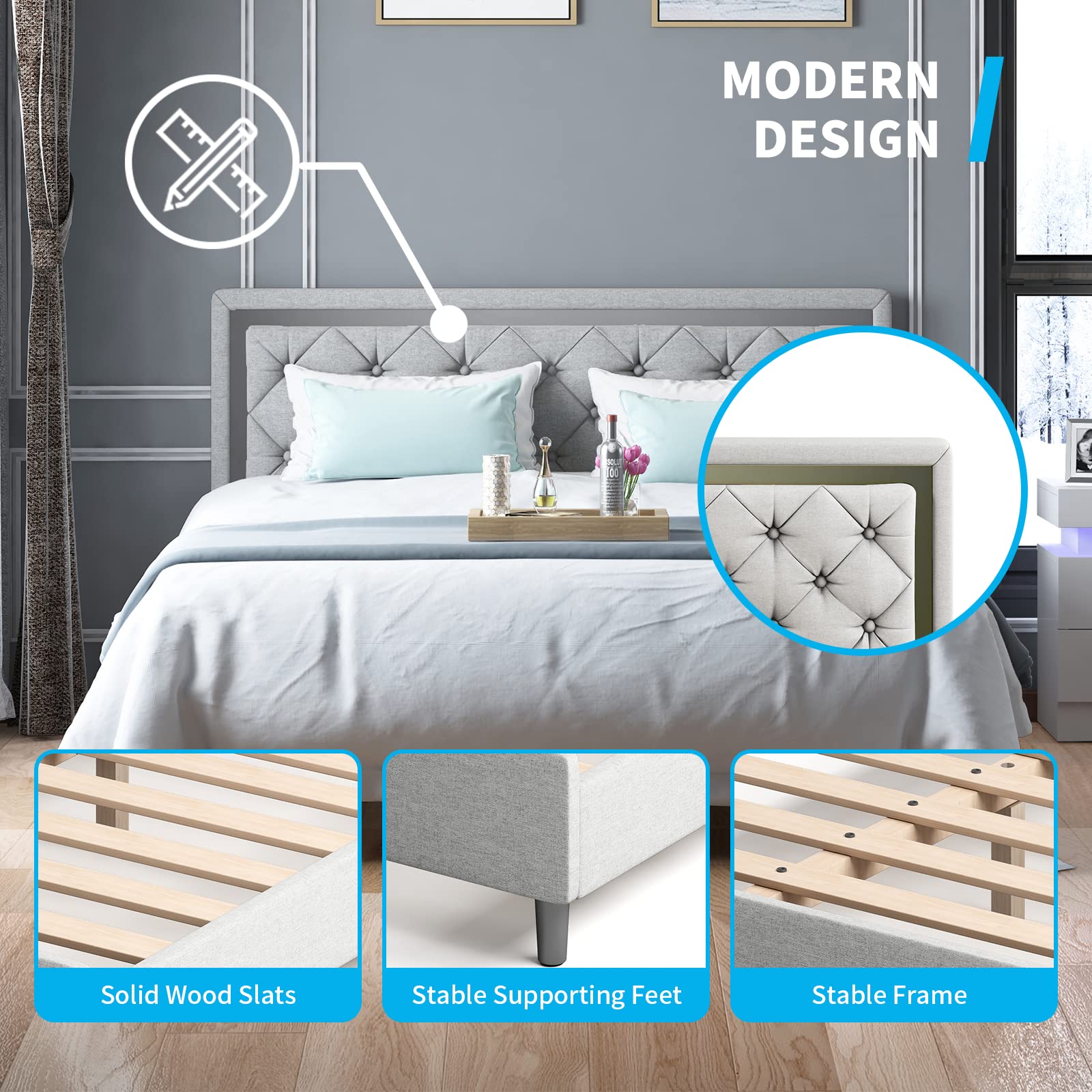 BALUS King Size Platform Bed Frame with Headboard - No Box Spring Needed, Easy Assembly, Light Grey - Modern Bedroom Furniture for Master Bedroom, Guest Room, or Apartment