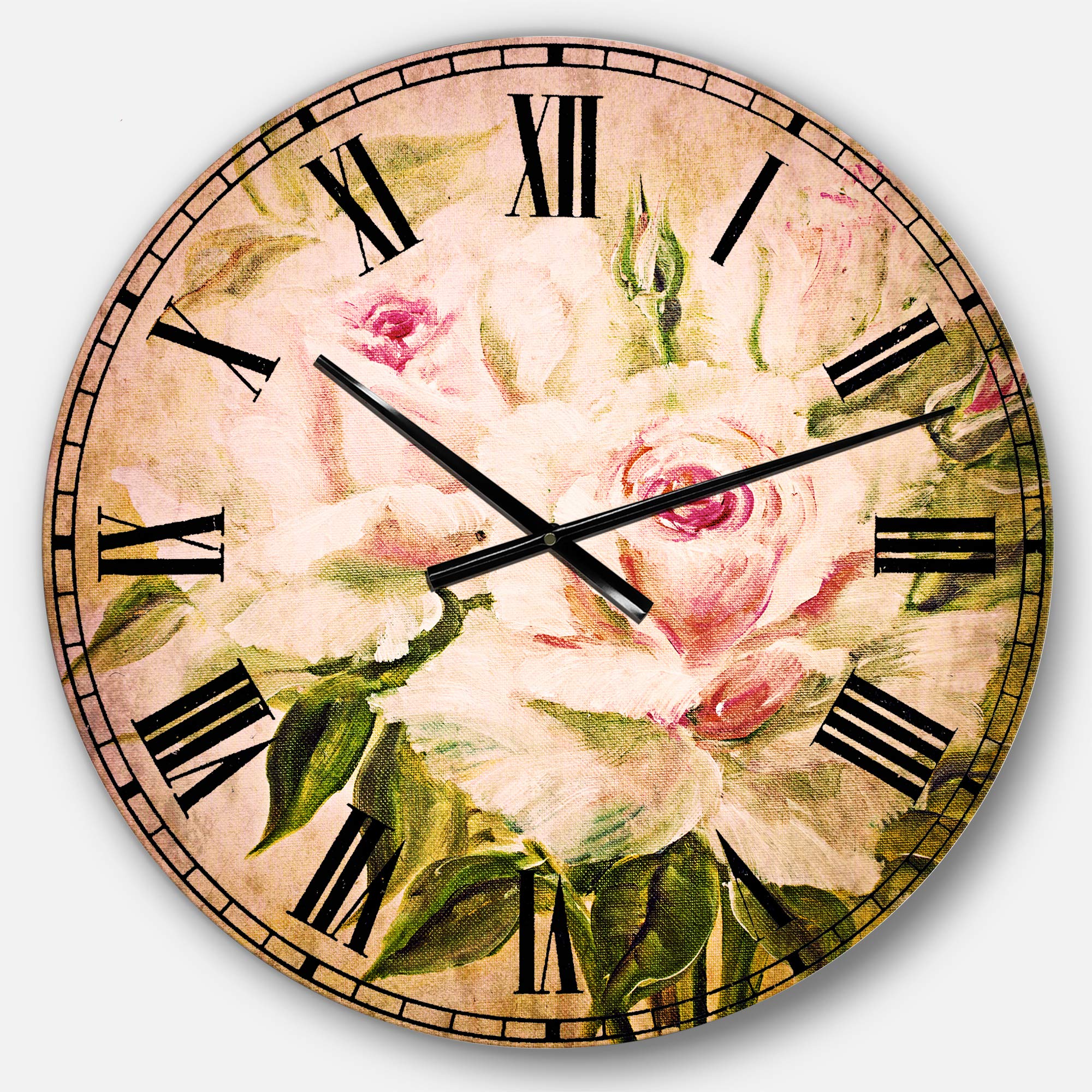 Designart Three Pink Roses Traditional Round Wall Clock - Metal Home Decor for Living Room, Bedroom & Office | Perfect for Farmhouse, Vintage & Boho Interior Design Styles