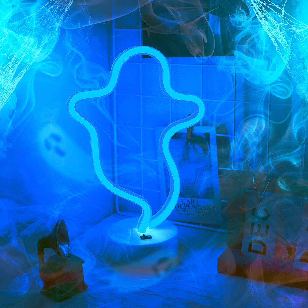 Hopolon Ghost Neon Light - Halloween LED Wall Decor, USB/Battery Powered Fun Night Light for Kids Room, Party & Bedroom Decoration (Blue)