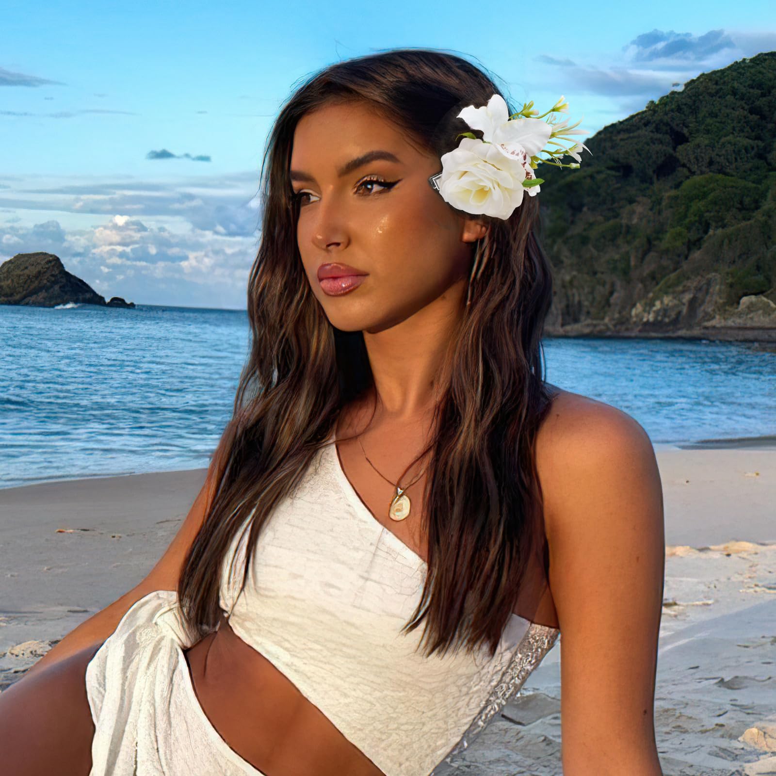 3PCS Rose Flower Hair Clips for Women & Girls - Large Hawaiian Artificial Flower Hair Barrettes with Leaves - Wedding Beach Luau Party Hair Accessories - Perfect for Bridal, Vacation, and Summer Hairstyles