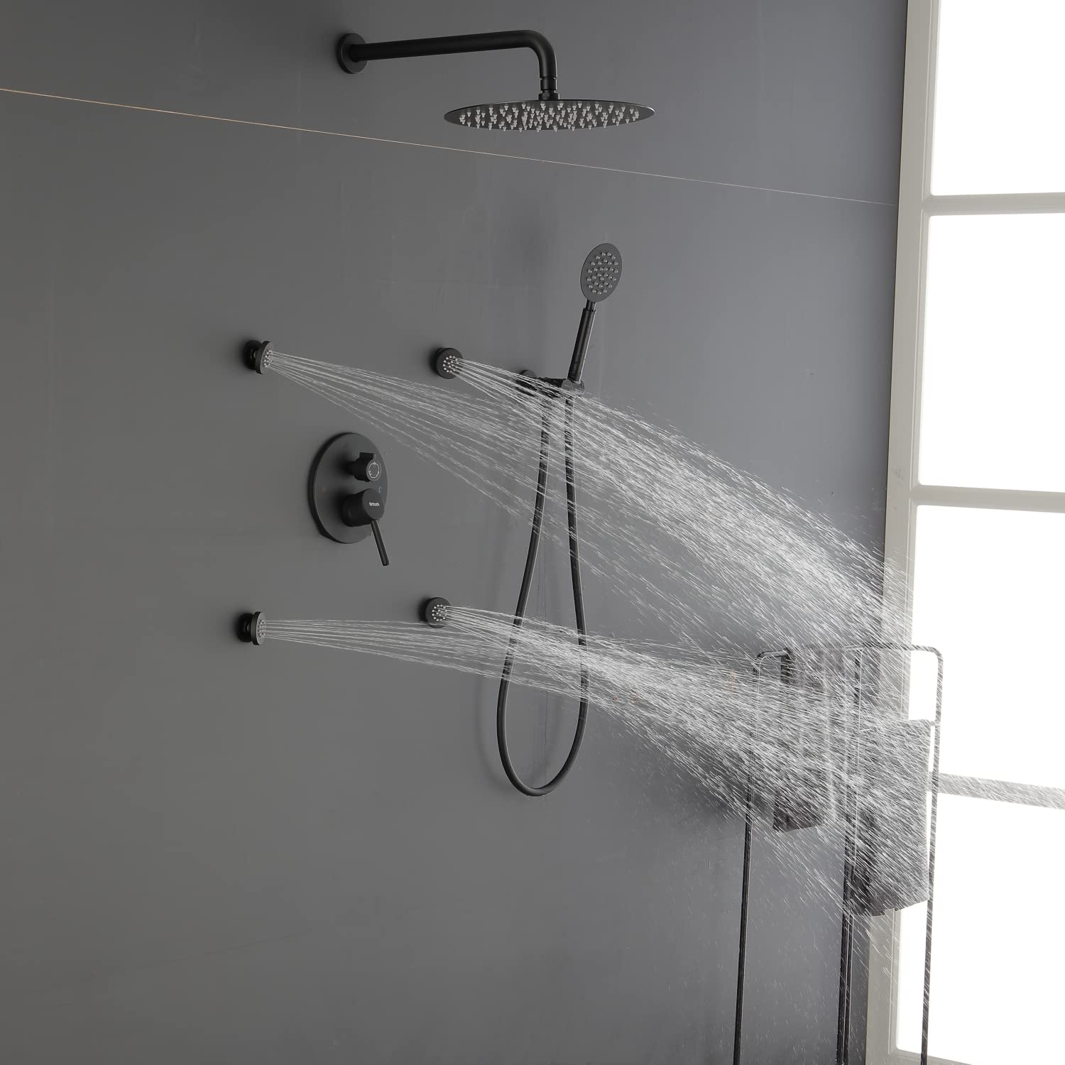 12 Inch Black Rain Shower System with 4 Body Jets - Wall Mount Shower Faucet Set & Full Body Spray Jets for Luxurious Spa-Like Bathroom Experience - Perfect for Master Bath, Guest Bath & Home Renovation