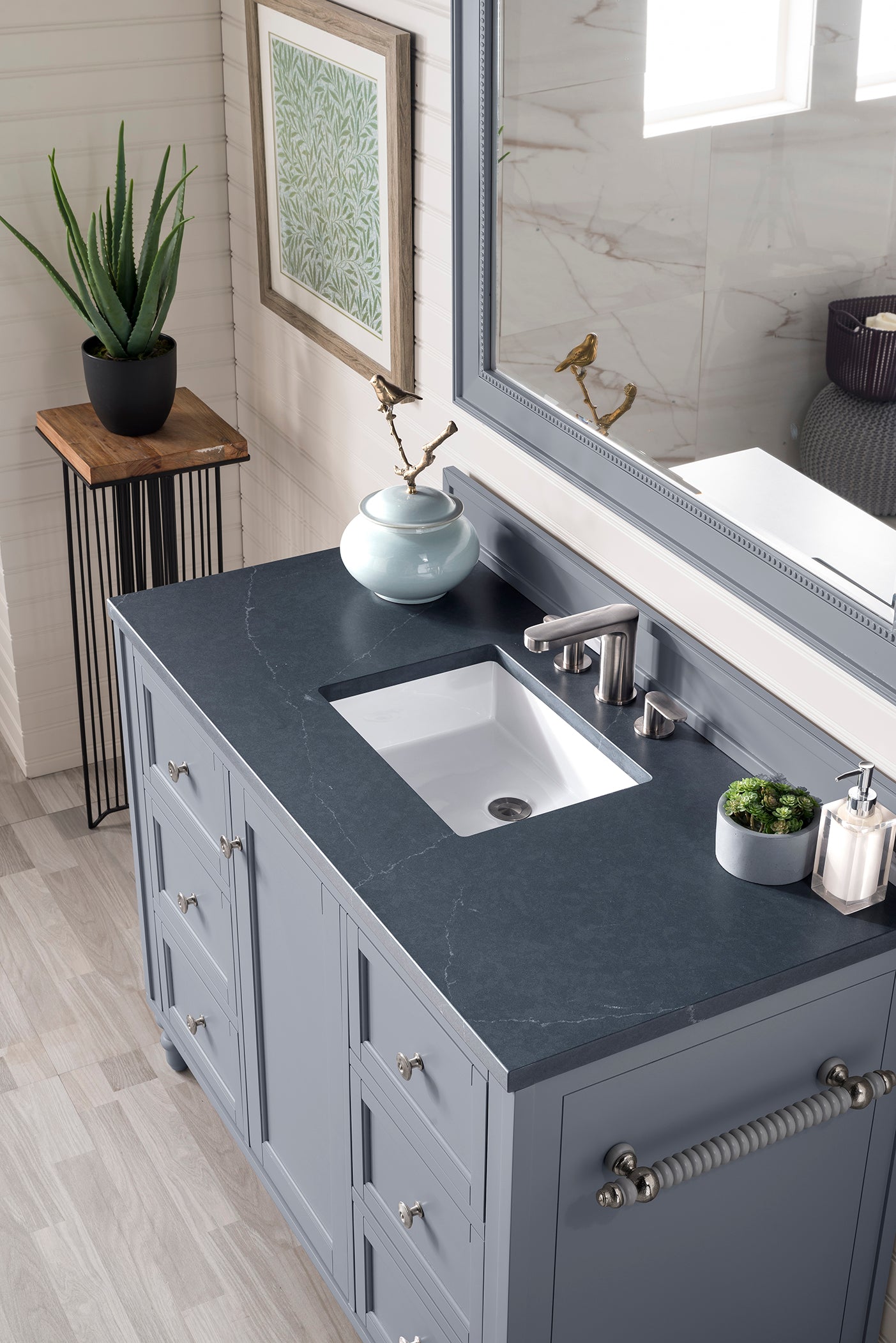 Copper Cove Encore 48 Inch Single Bathroom Vanity with Charcoal Soapstone Quartz Top - Modern Silver Gray Finish for Master Bath & Powder Room Remodeling