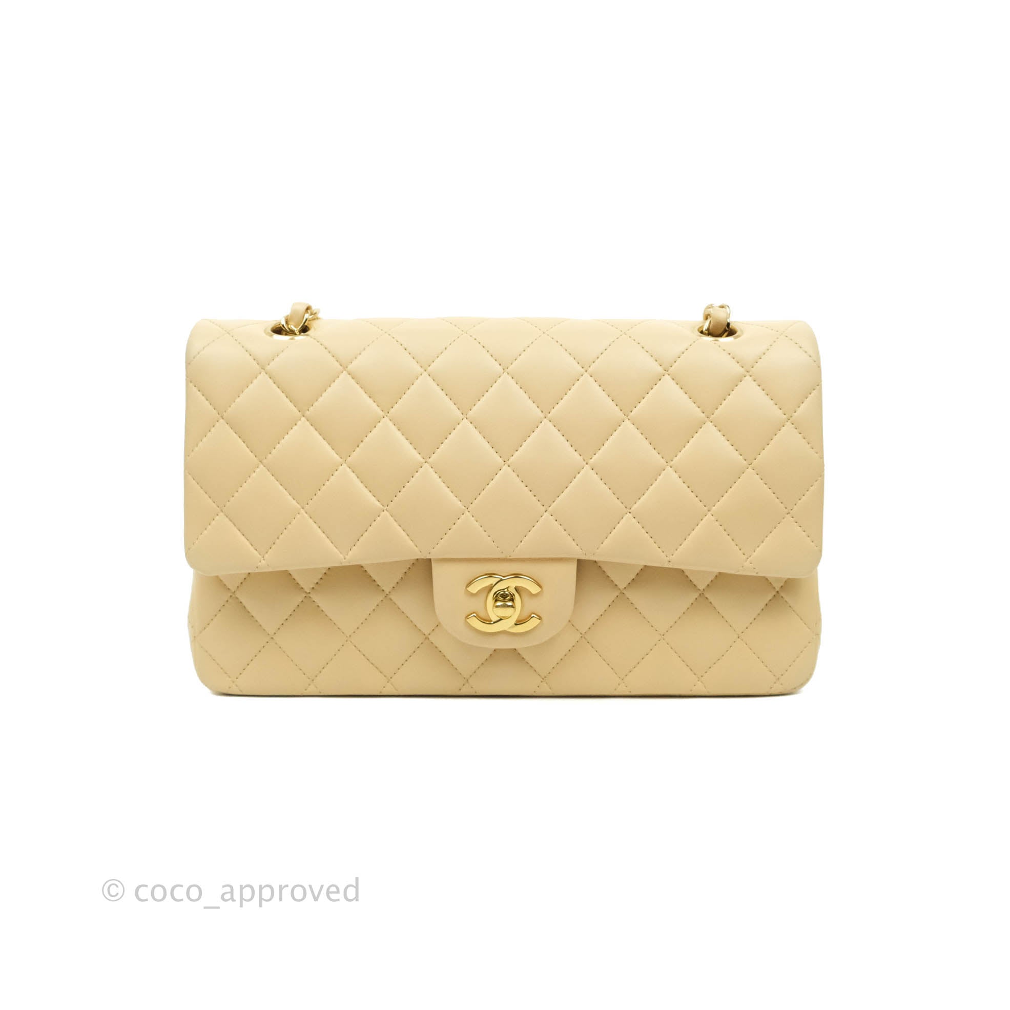 Chanel Classic Medium Double Flap Bag in Beige Lambskin Leather with Gold Hardware - Luxury Designer Handbag for Women, Perfect for Work, Date Night & Special Occasions