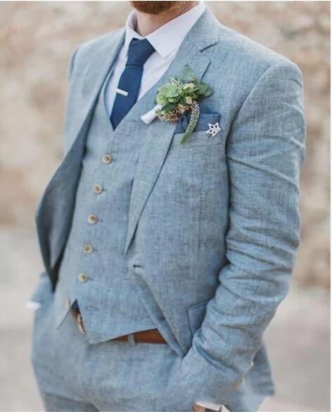 Premium Light Blue Linen 3-Piece Wedding Suit for Men - Summer Groom Outfit (Jacket, Pants & Vest) | Breathable & Stylish for Beach Weddings & Outdoor Ceremonies