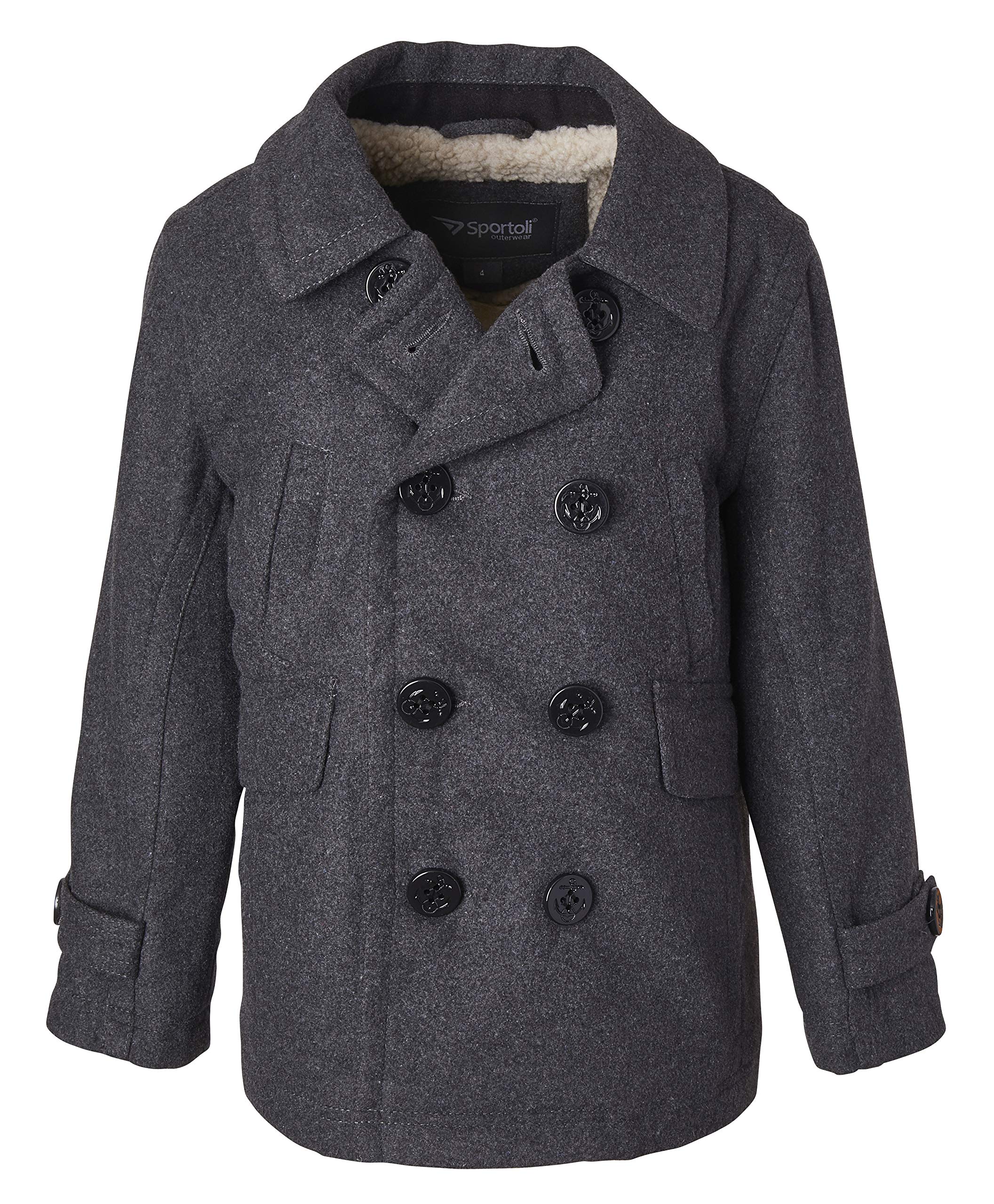 Sportoli Boys Classic Wool Blend Sherpa Winter Pea Coat Jacket - Warm Outerwear for School, Holidays & Outdoor Activities