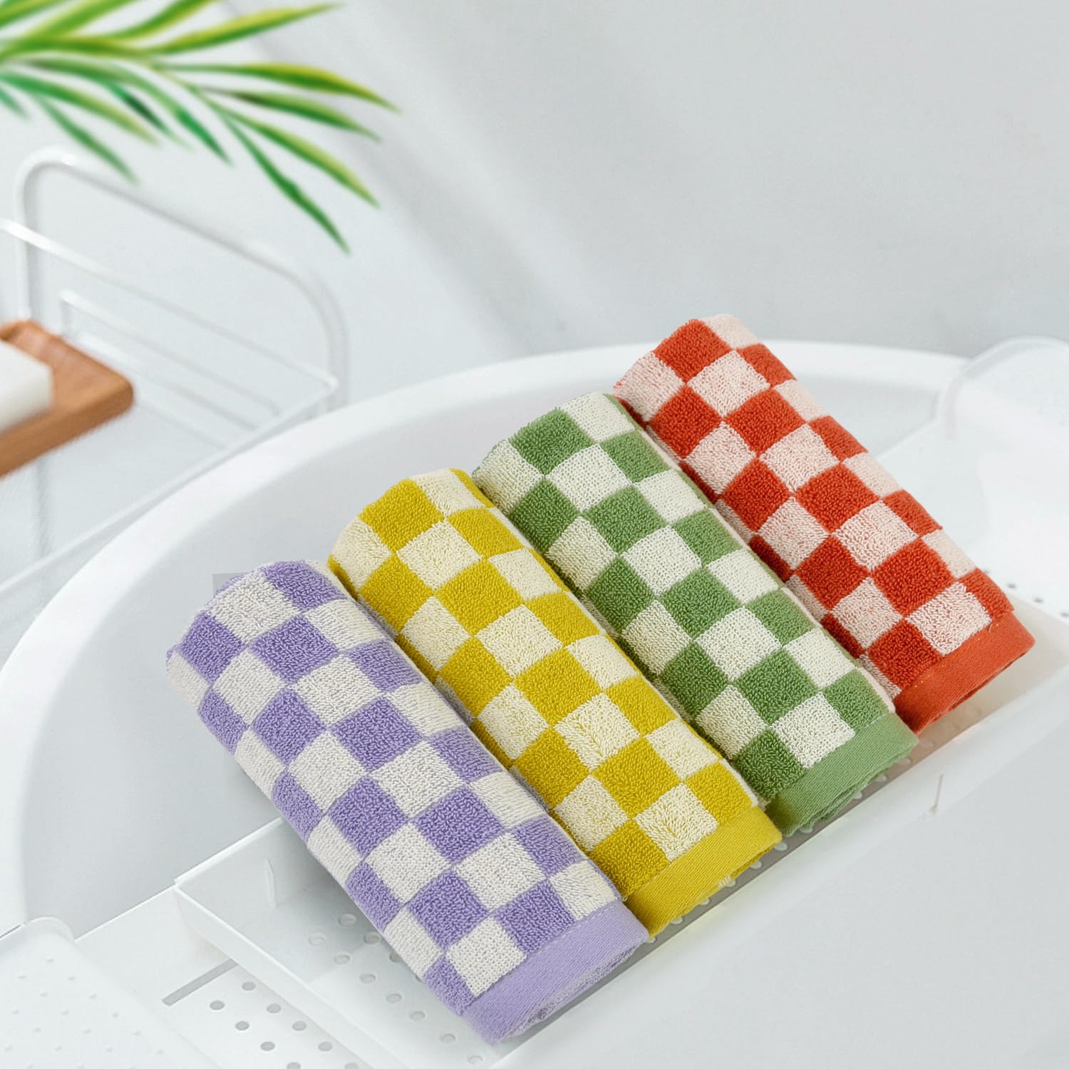 Premium 4-Pack Cotton Checkered Washcloths for Face & Body - 13x13 Inch Soft Bath Towels, Shower & Kitchen Use - Ideal for Daily Cleansing, Spa Days & Thoughtful Gifts