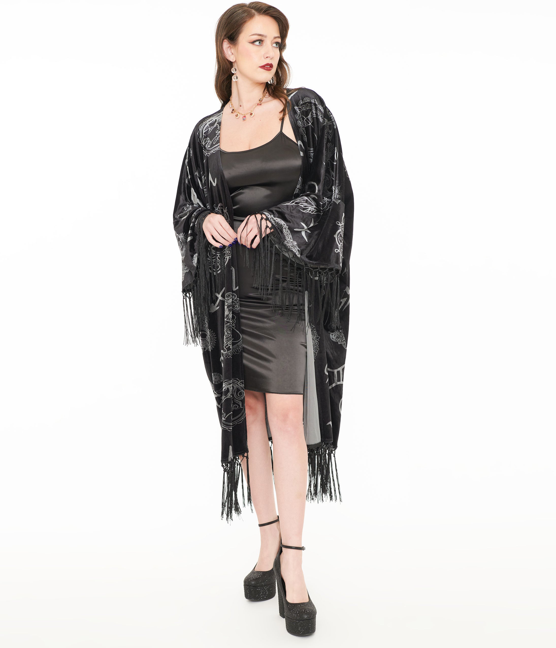 Vintage 1920s Silver & Black Velvet Zodiac Fringe Kimono - Flapper Style Roaring 20s Costume for Halloween, Gatsby Party & Boho Fashion