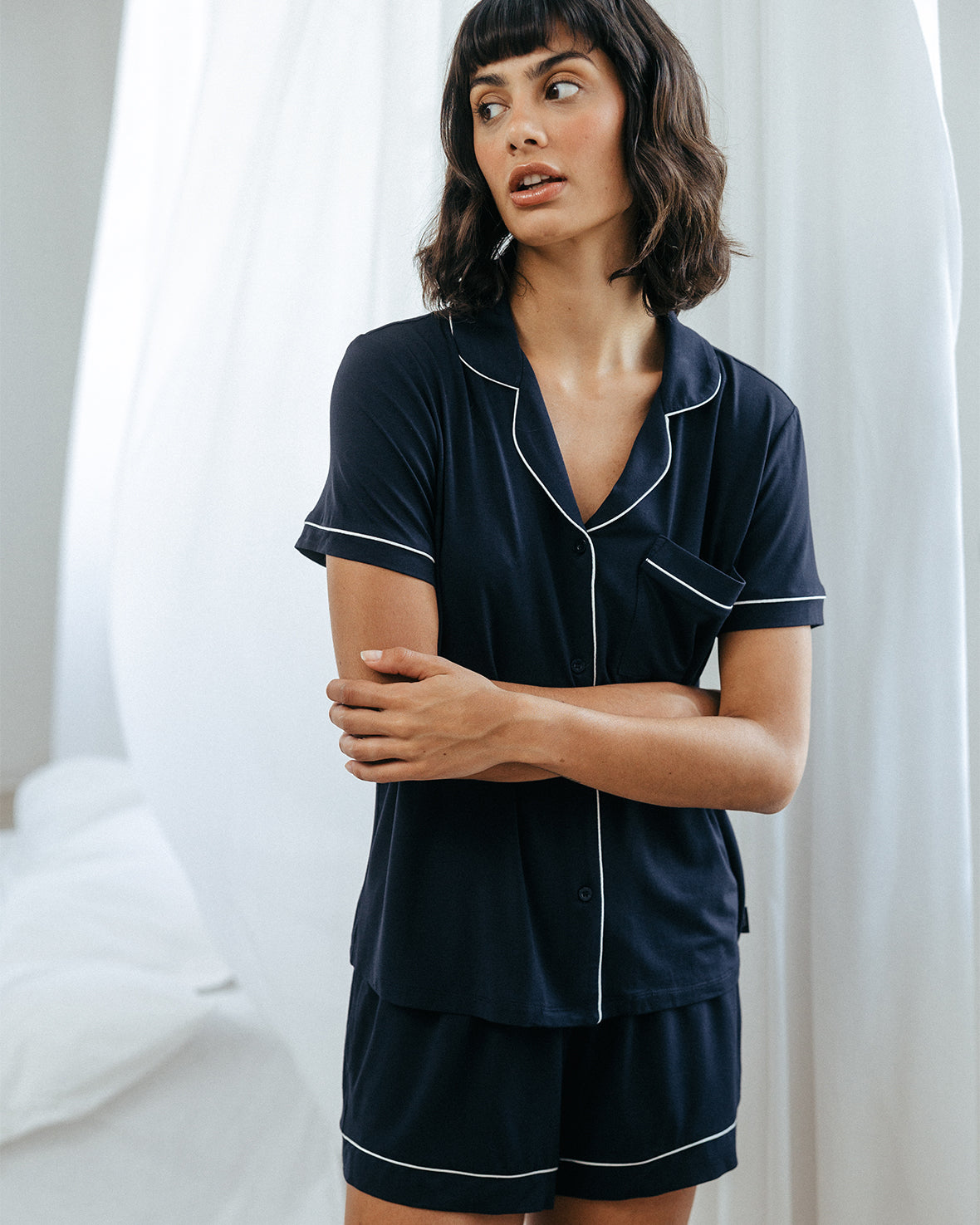 Premium TENCEL™ Modal Short Sleeve Button Up Pajama Set for Women - Soft & Breathable Sleepwear - Navy Blue - Perfect for Summer Nights & Lounge Wear