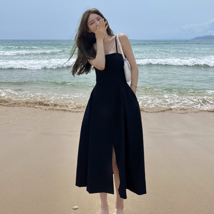Black Spaghetti Strap Summer Dress for Women - Mid-Length Flowy French Style Dress - Perfect for Beach Vacations, Date Nights & Summer Parties