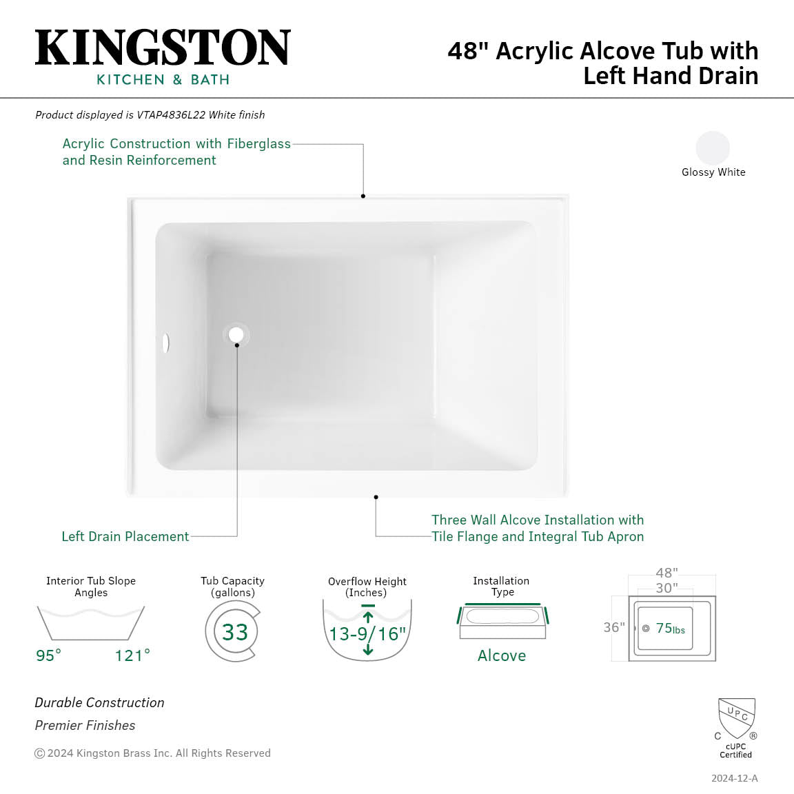 Aqua Eden 48 Inch Acrylic Rectangular 3-Wall Alcove Bathtub - Left Hand Drain, Glossy White - Perfect for Small Bathrooms & Modern Home Spa Experience