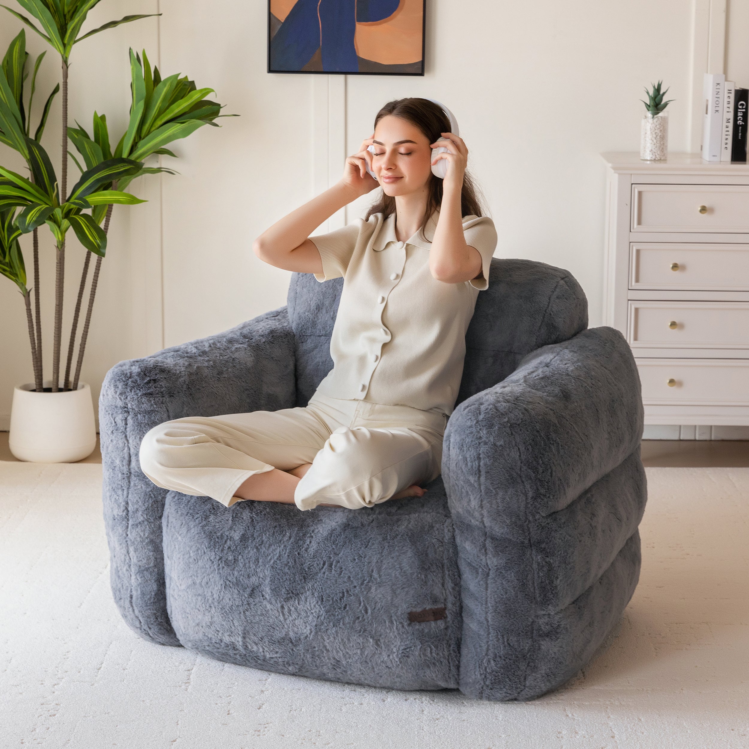 MAXYOYO Giant Bean Bag Chair for Adults - Ultra Soft Fluffy Oversized Floor Sofa | Cozy Reading Chair with Filler for Living Room & Bedroom | Dark Grey | Perfect for Lounging, Gaming & Relaxation